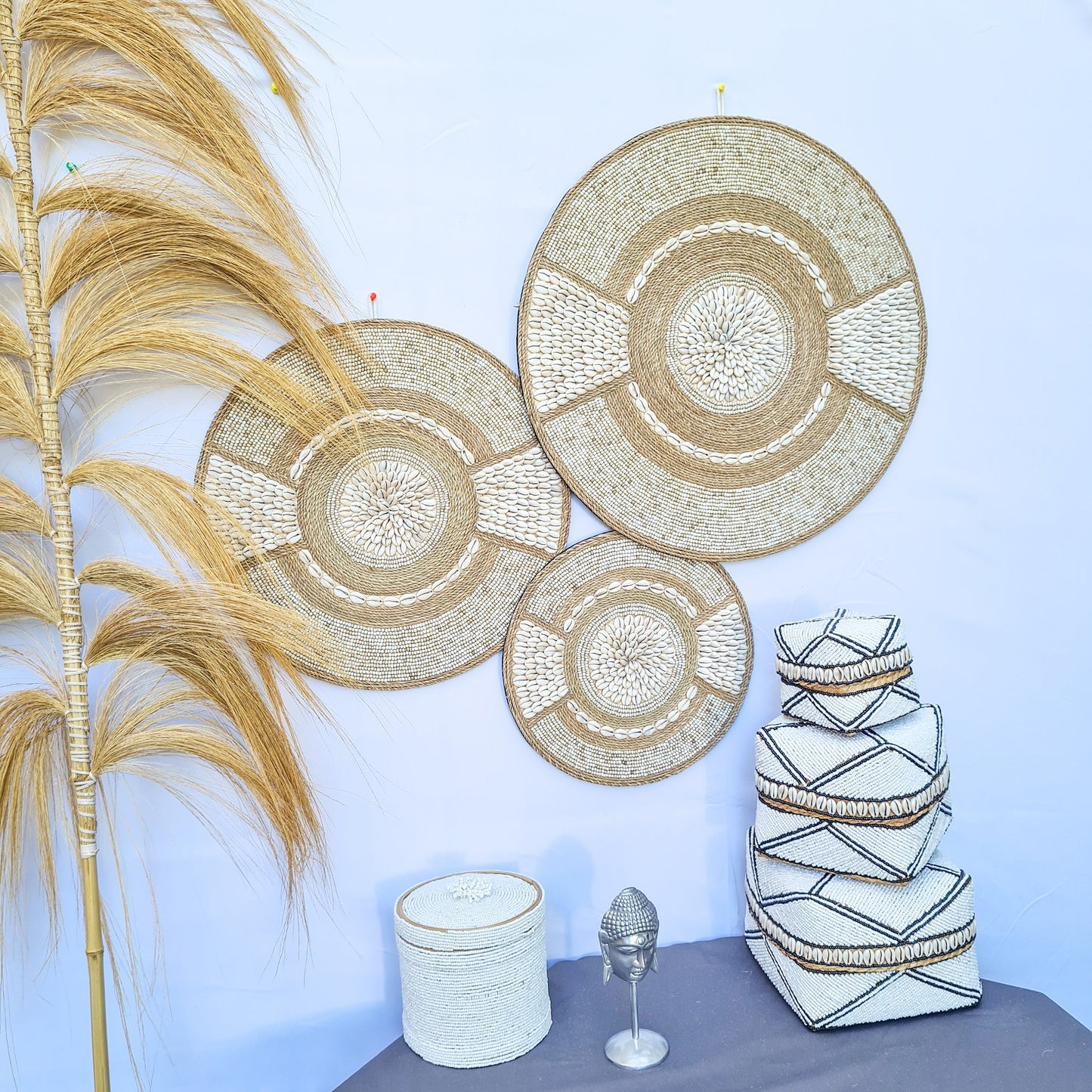 Wall shell decor 40, 50, 60cm juju hat boho decoration eco decor wall hanging bohemian style wall baskets wicker wall tray beads
