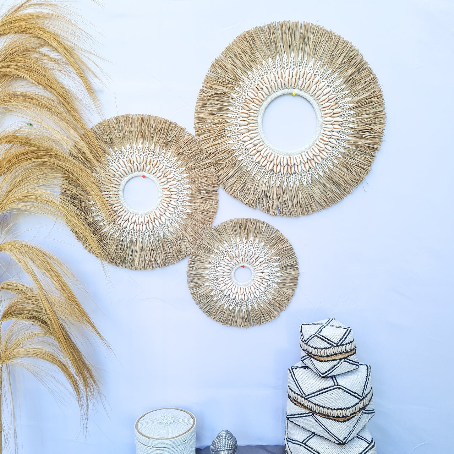 Wall decor set of 3 50,40,30cm palm rafia shells wall hangings jujuhat juju hat shell decoration bohemian style boho wall decor