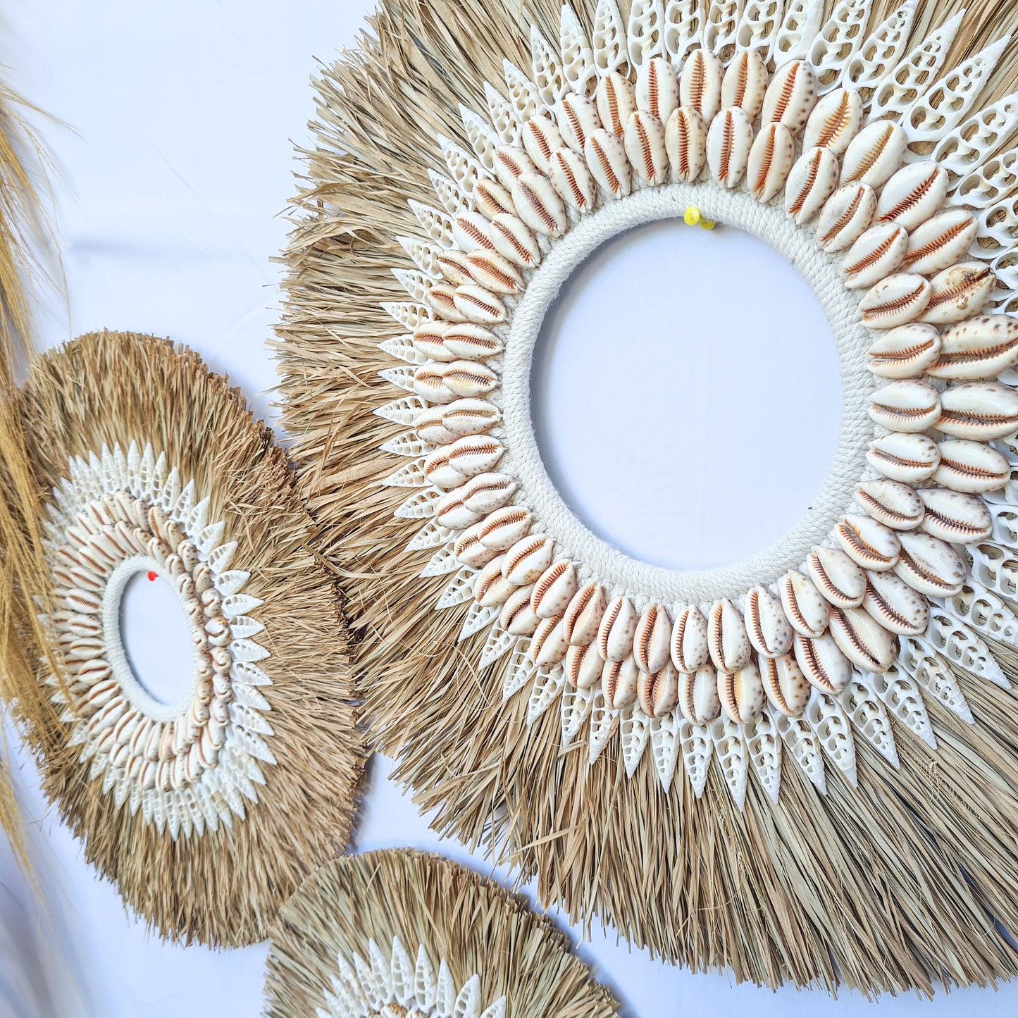 Wall decor set of 3 50,40,30cm palm rafia shells wall hangings jujuhat juju hat shell decoration bohemian style boho wall decor