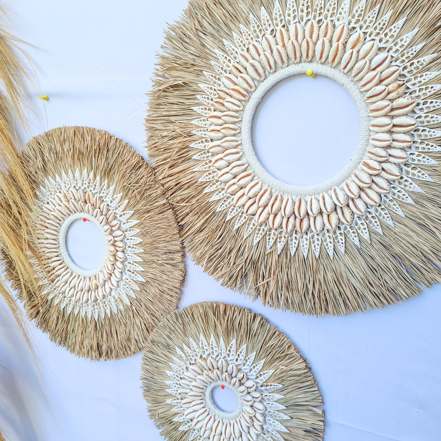 Wall decor set of 3 50,40,30cm palm rafia shells wall hangings jujuhat juju hat shell decoration bohemian style boho wall decor