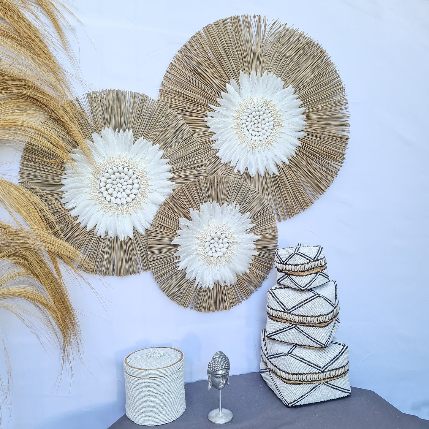 Wall decor set of 3 feather fimbristylis shells 60,50,40cm jujuhat juju hat wall decor wall hangings decoration bohemian style boho decor