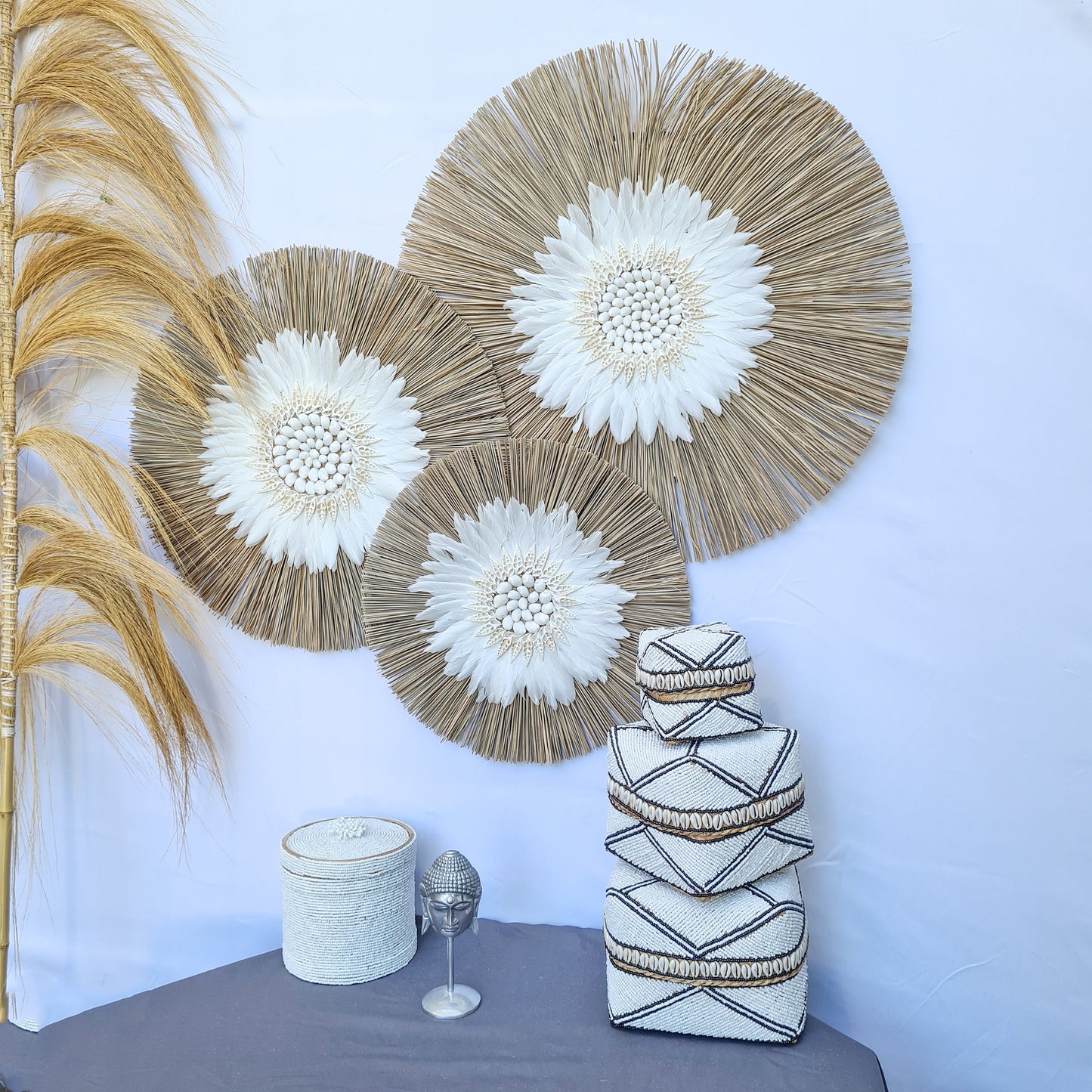 Wall decor set of 3 feather fimbristylis shells 60,50,40cm jujuhat juju hat wall decor wall hangings decoration bohemian style boho decor