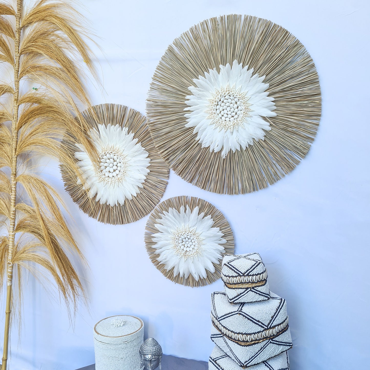 Wall decor set of 3 feather fimbristylis shells 50,40,30cm jujuhat juju hat wall decor wall hangings decoration bohemian style boho decor