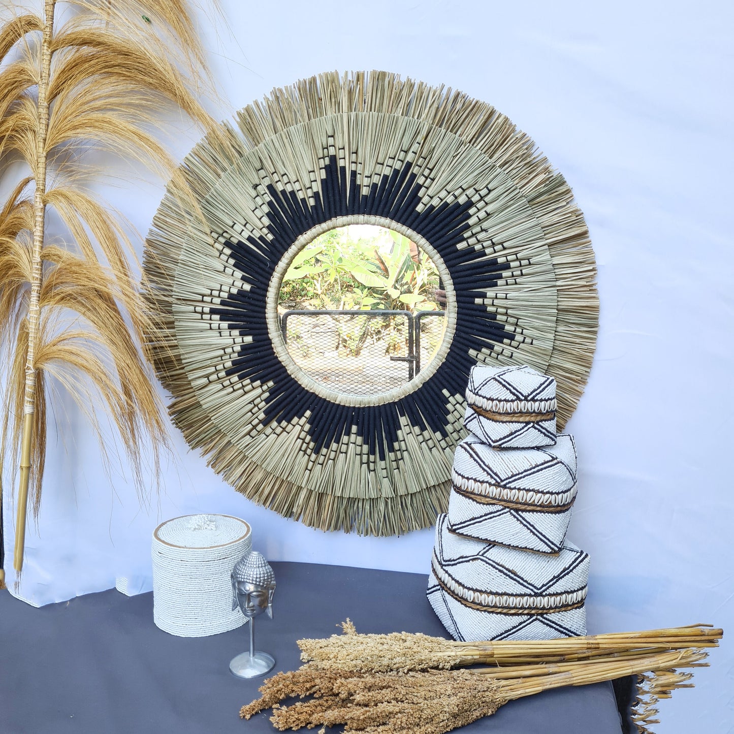 Boho mirror 80cm bohemian wall mirror fimbristylis wall hangings juju hat tropical decoration eco mirror boho decor wall decor