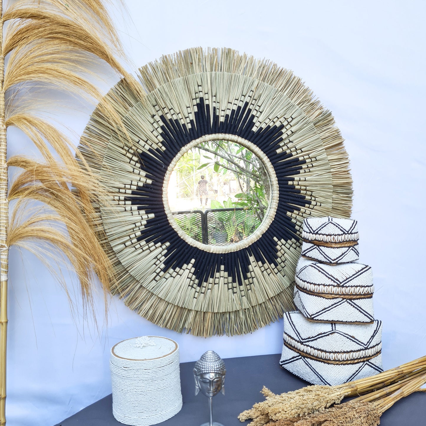 Boho mirror 80cm bohemian wall mirror fimbristylis wall hangings juju hat tropical decoration eco mirror boho decor wall decor