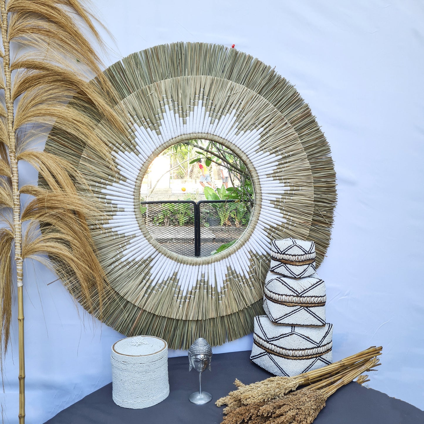 Boho mirror 100cm white fimbristylis bohemian wall mirror wall decor boho decor wall hangings juju hat tropical decoration eco mirror