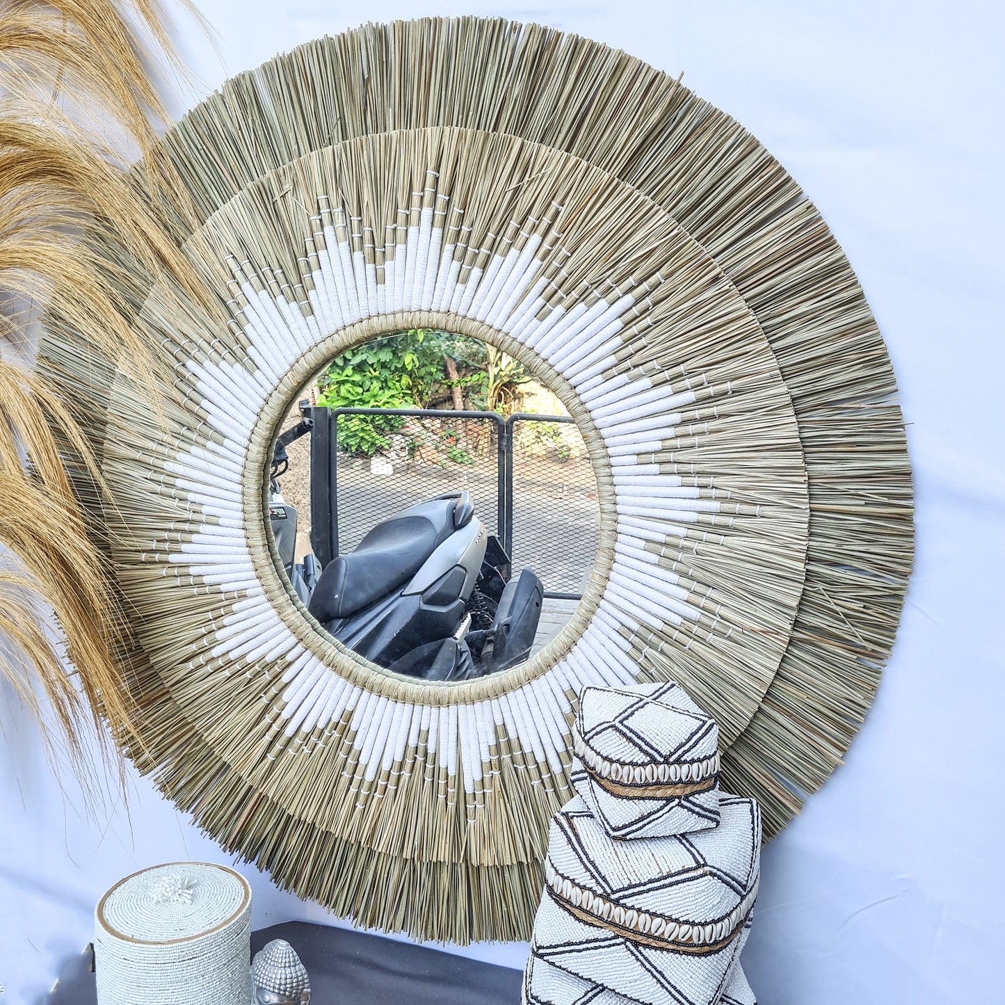 Boho mirror 100cm white fimbristylis bohemian wall mirror wall decor boho decor wall hangings juju hat tropical decoration eco mirror