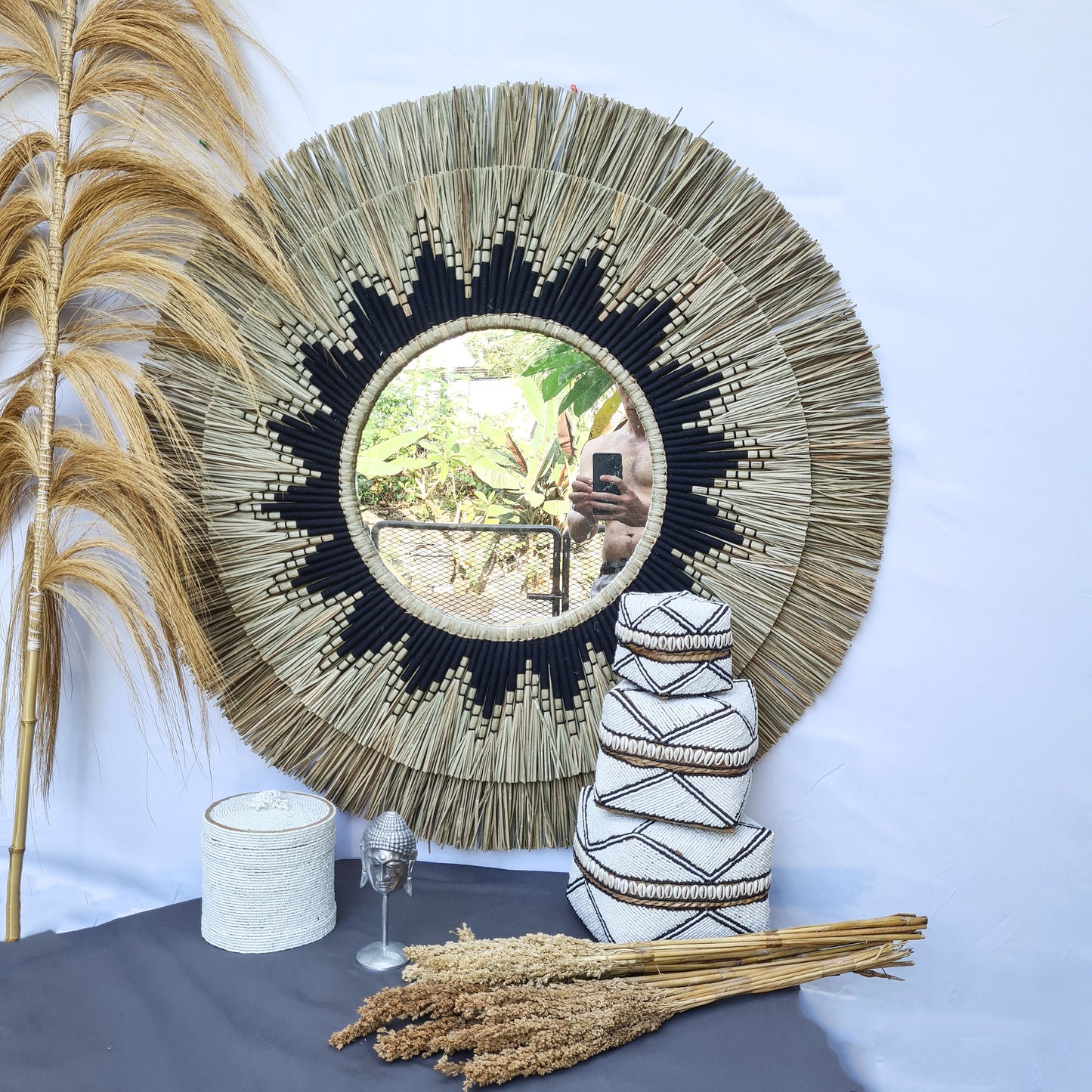 Boho mirror 100cm fimbristylis bohemian wall mirror wall hangings juju hat tropical decoration eco mirror