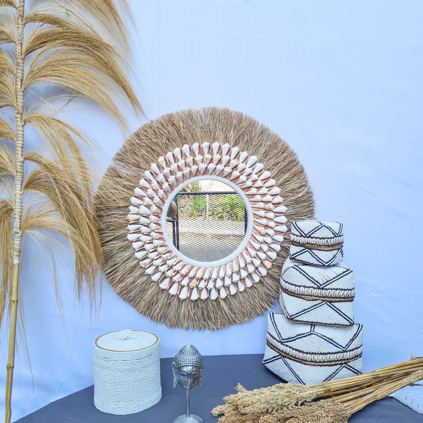 Boho mirror 63cm palm leaf and large orange shells wall hangings juju hat bohemian style wall decor eco mirror