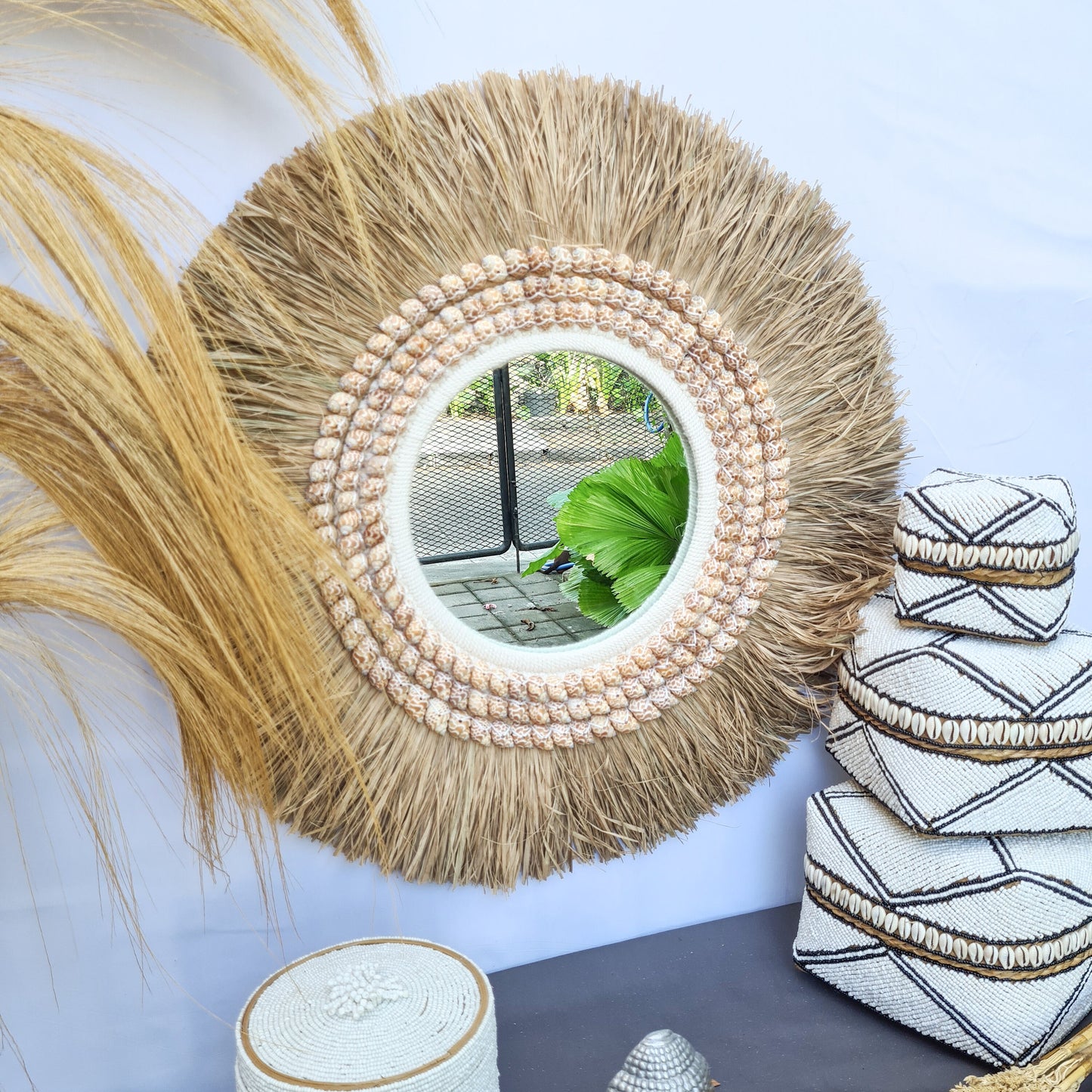Boho mirror 63cm palm leaf and orange shells bohemian style wall decor eco mirror wall hangings juju hat