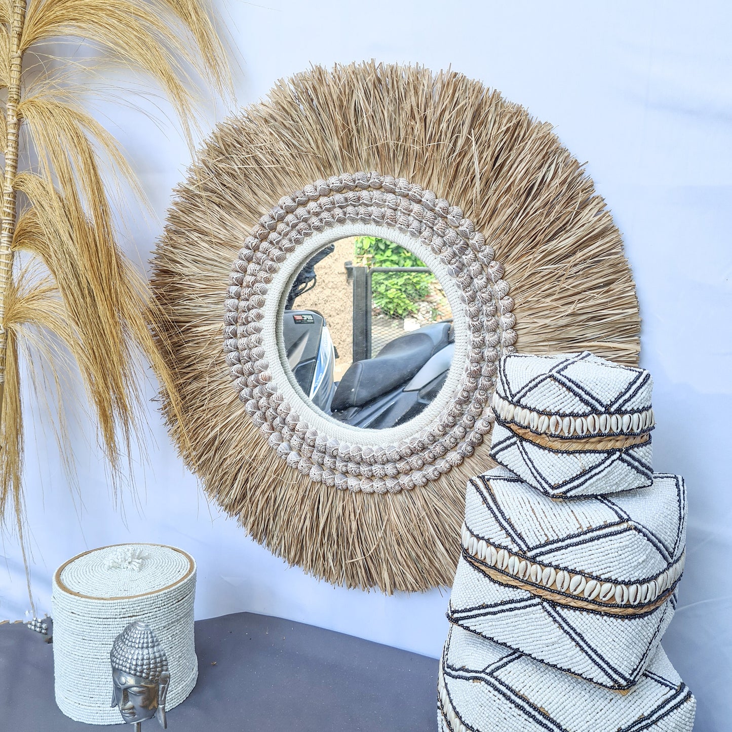 Boho mirror 63cm bohemian style wall decor eco mirror wall hangings juju hat made from palm leaf and purple shells