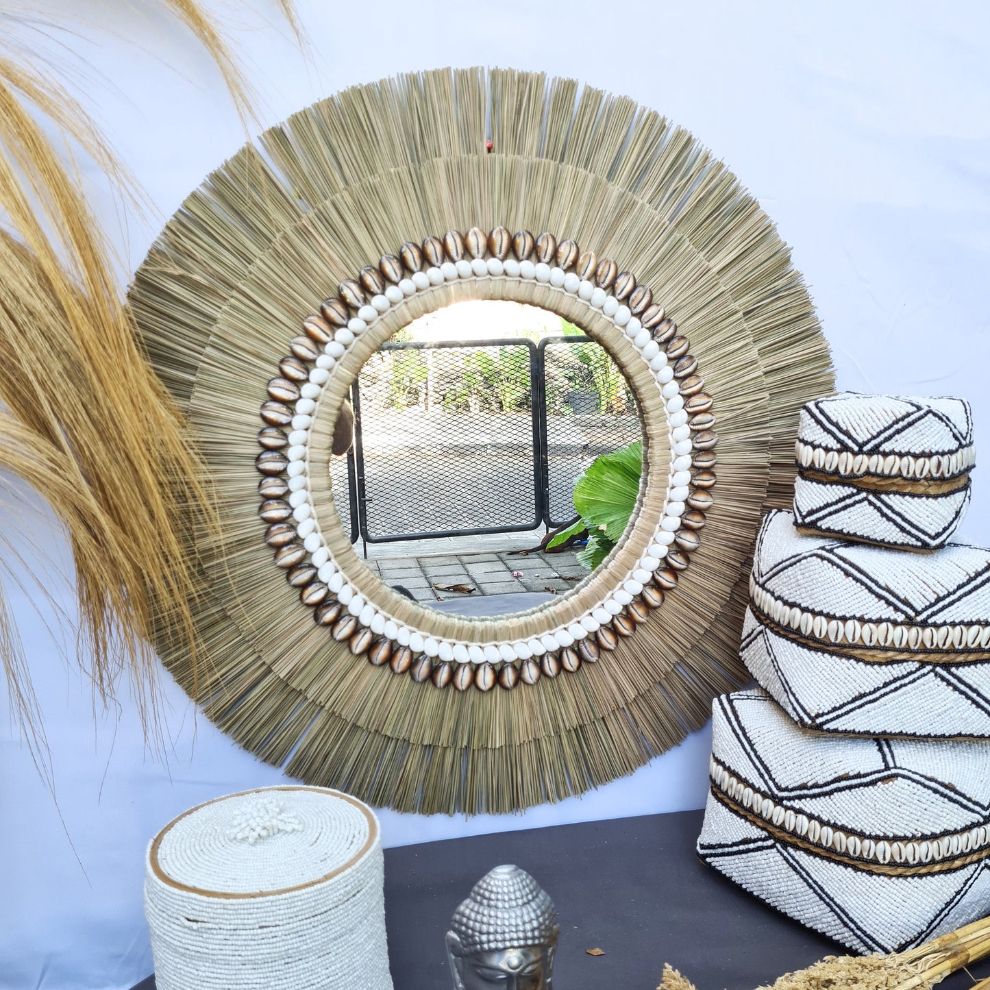 Boho mirror 66cm shells fimbristylis eco mirror jujuhat wall decor bohemian wall hangings tropical style
