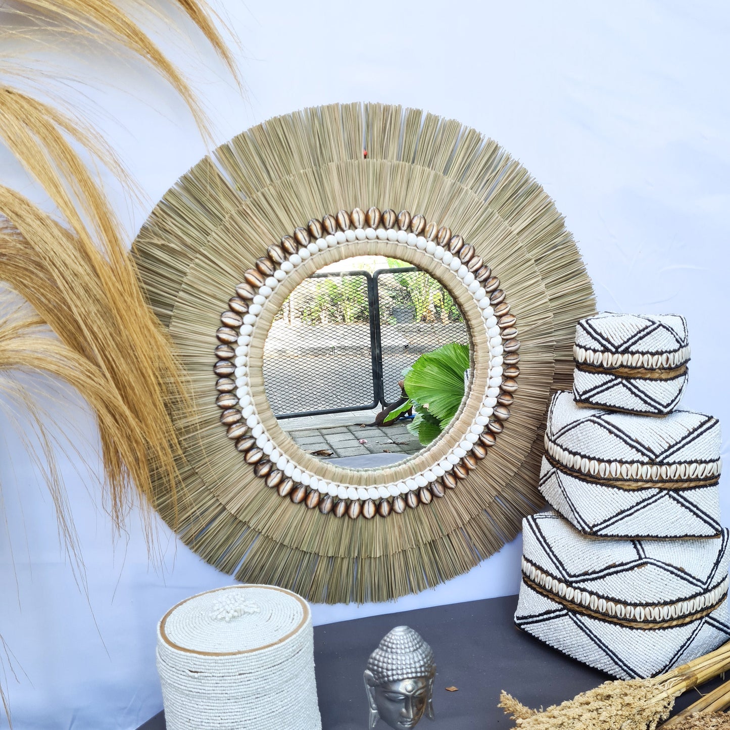 Boho mirror 66cm shells fimbristylis eco mirror jujuhat wall decor bohemian wall hangings tropical style