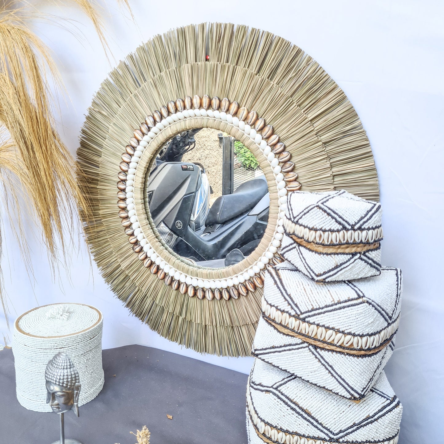 Boho mirror 66cm shells fimbristylis eco mirror jujuhat wall decor bohemian wall hangings tropical style