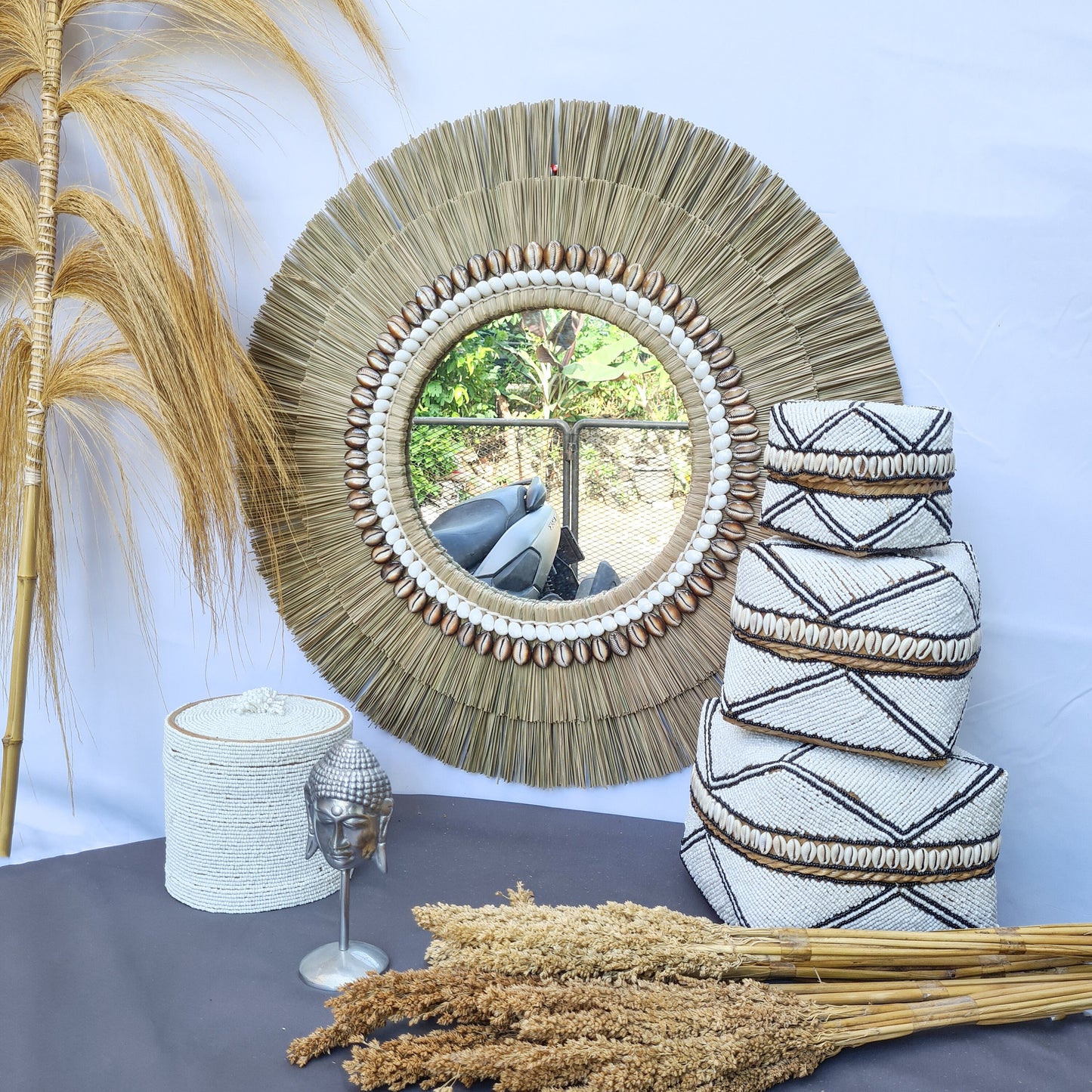 Boho mirror 66cm shells fimbristylis eco mirror jujuhat wall decor bohemian wall hangings tropical style