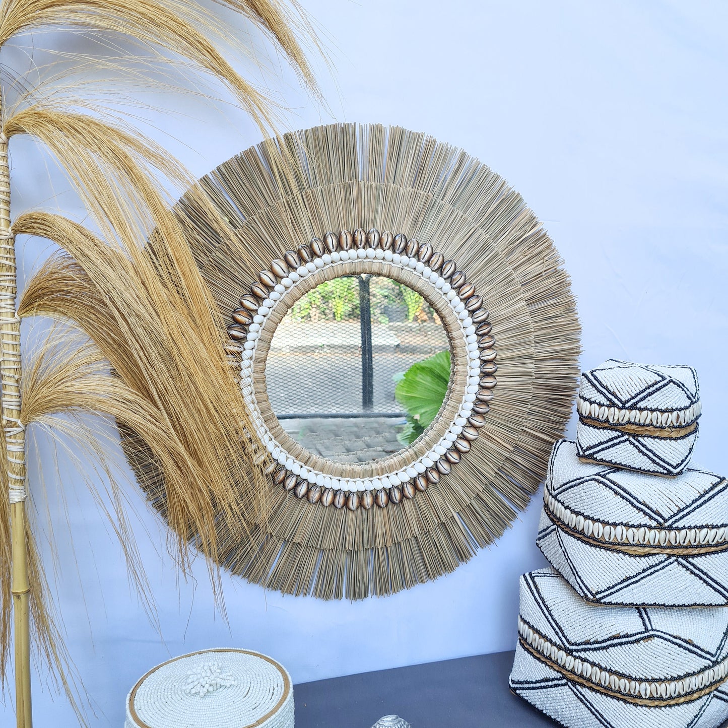 Boho mirror 60cm mendong shells fimbristylis eco mirror jujuhat wall decor bohemian wall hangings tropical style