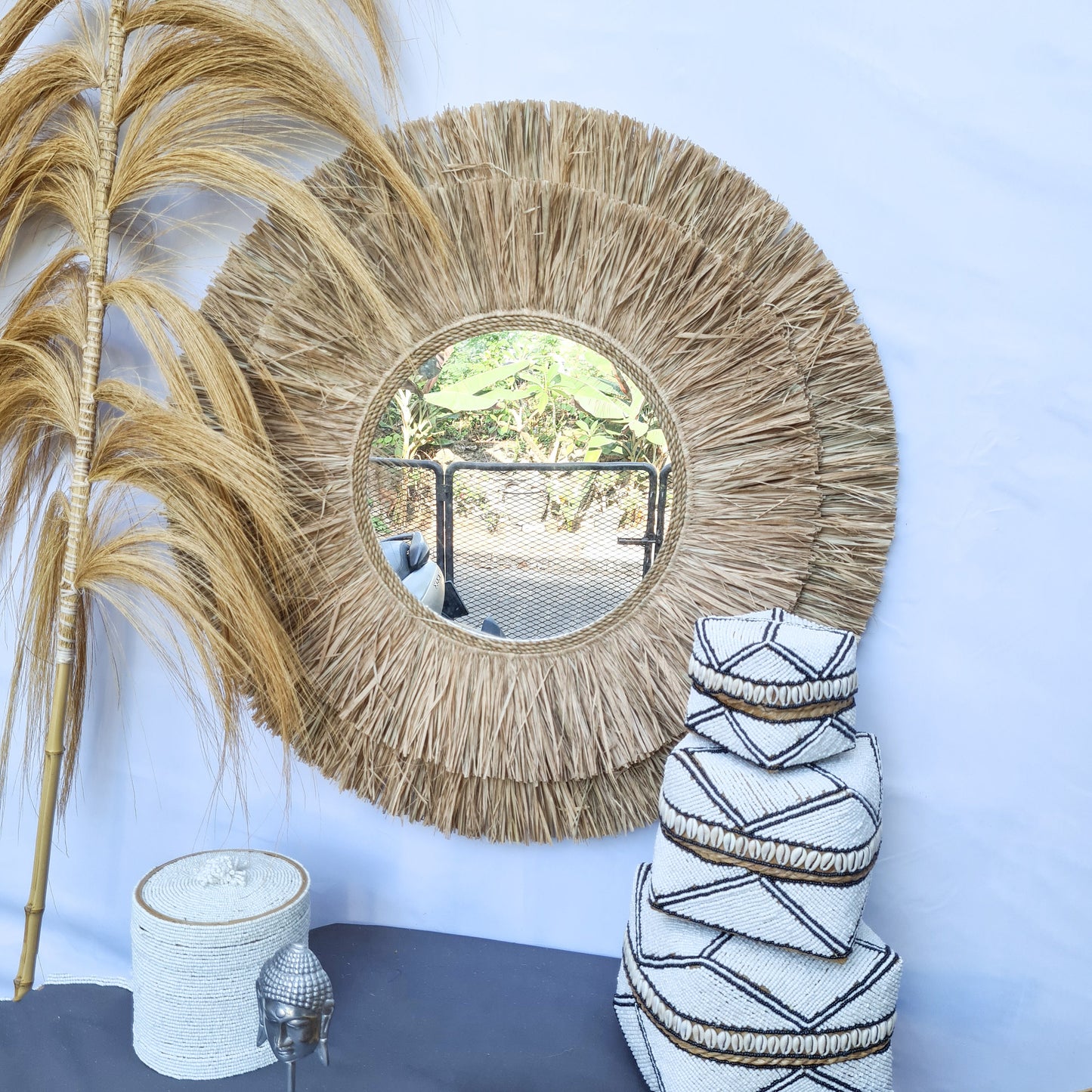 Boho mirror 72cm wall mirror palm leaf and agel bohemian wall hangings juju hat tropical decoration eco mirror