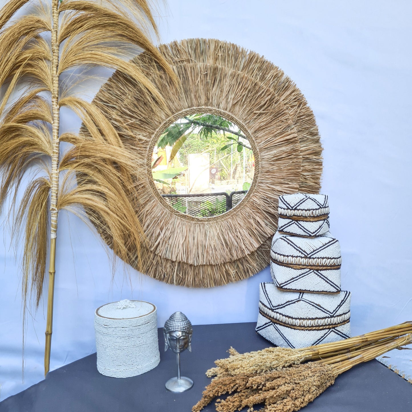 Boho mirror 72cm wall mirror palm leaf and agel bohemian wall hangings juju hat tropical decoration eco mirror