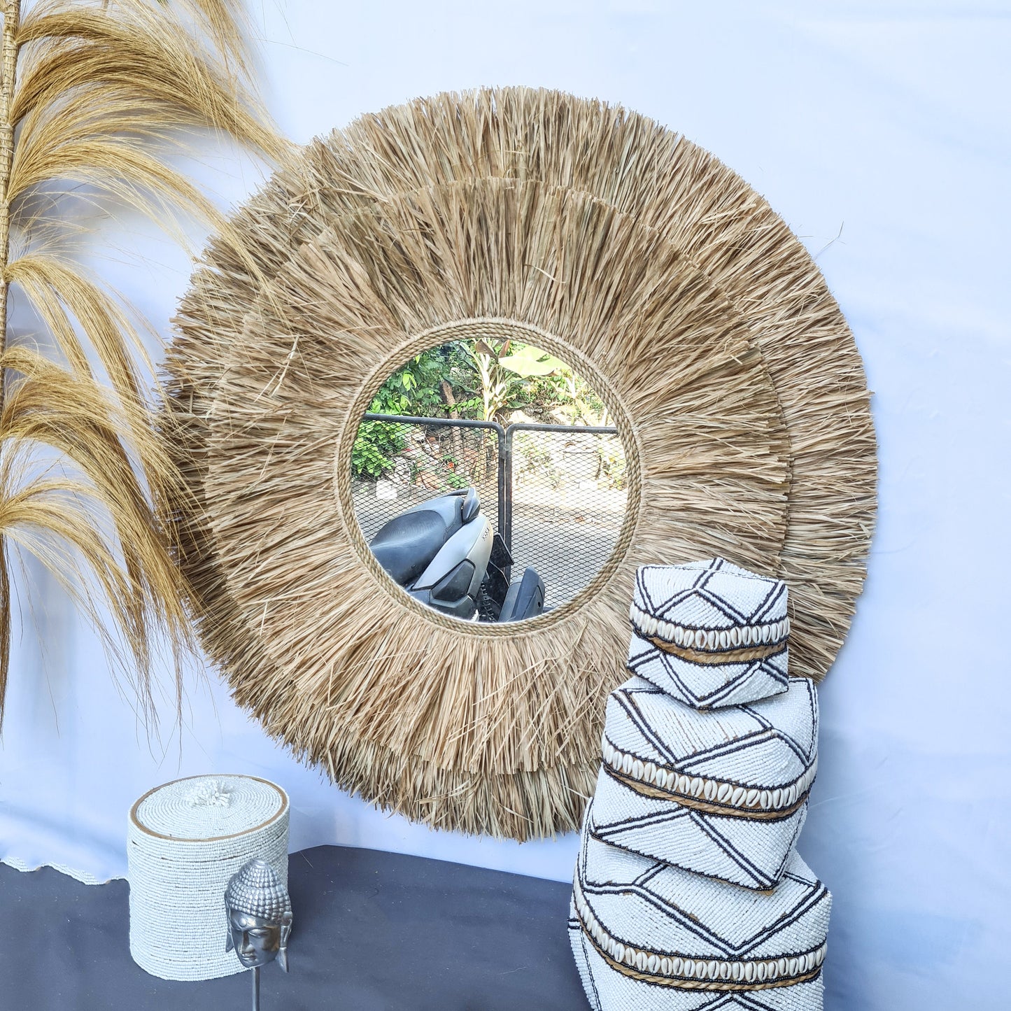Boho mirror 80cm palm leaf and agel bohemian wall mirror wall hangings juju hat tropical decoration eco mirror