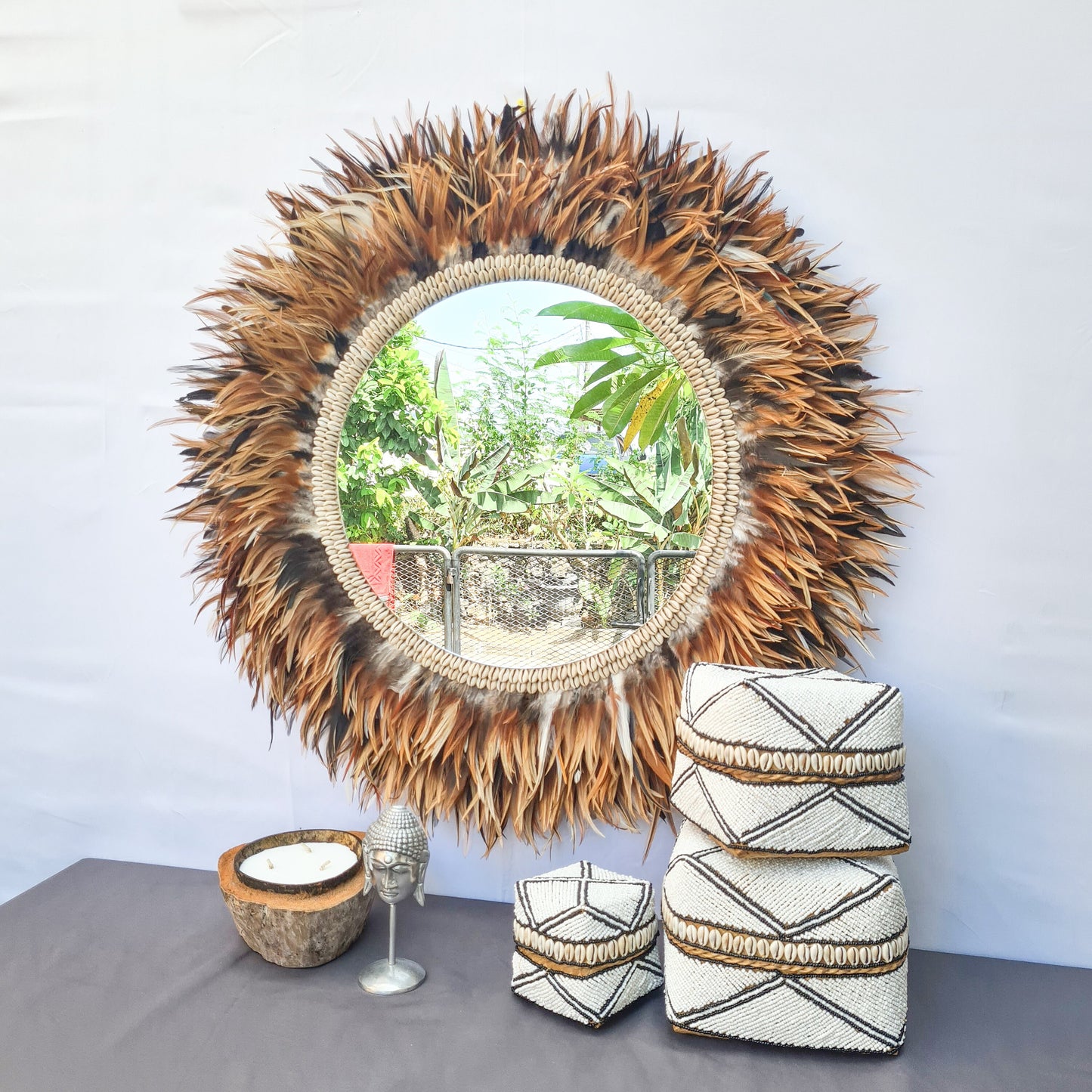 Tropical mirror 80cm boho decoration made from feathers bohemian mirror wall decor wall hangings feather decor