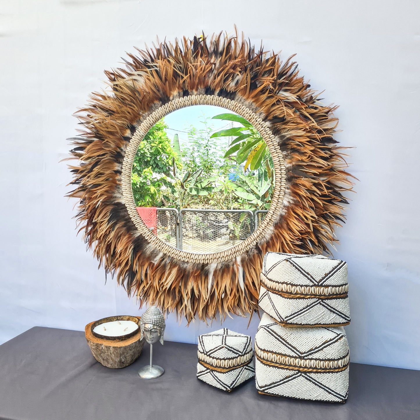 Tropical mirror 80cm boho decoration made from feathers bohemian mirror wall decor wall hangings feather decor