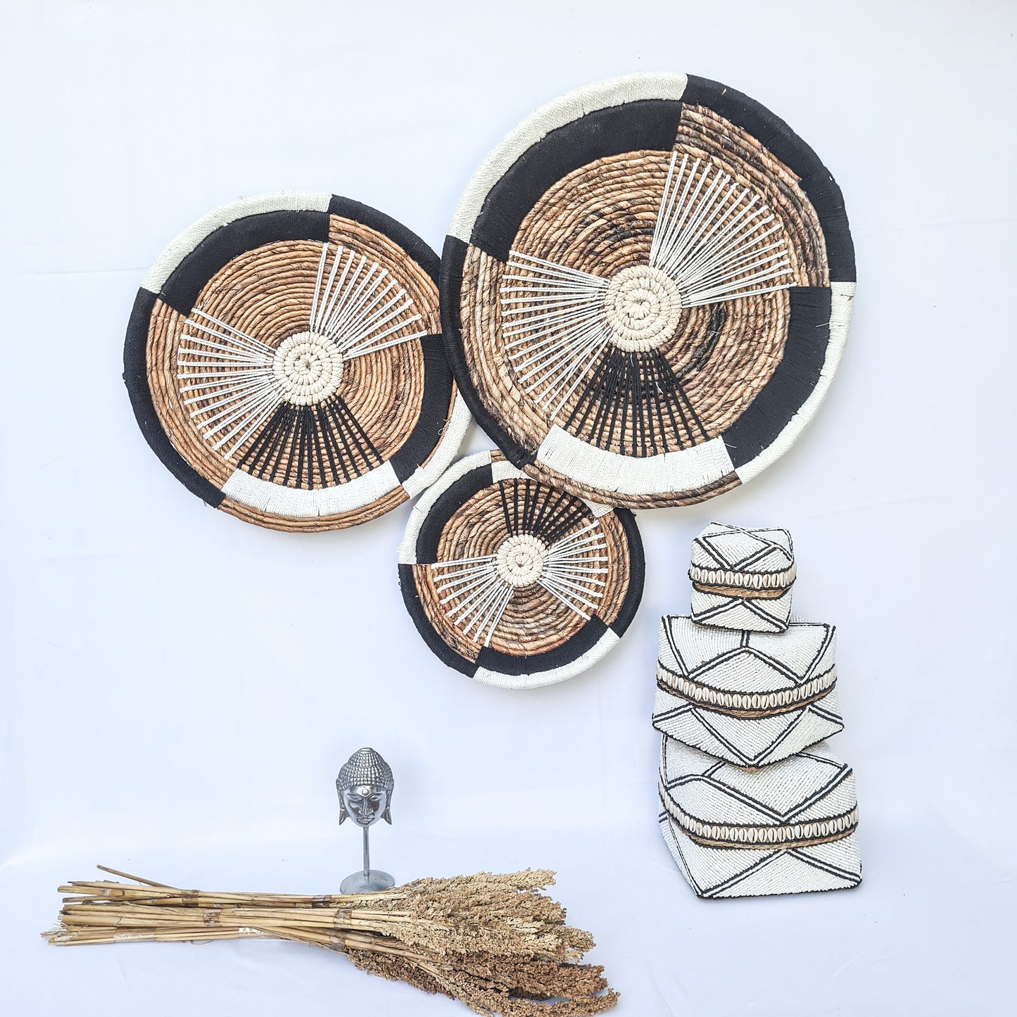Wall decor basket 30 40 50cm | wall decoration banana leaf white + black macrame boho wicker organic decor wall plates installation hangings