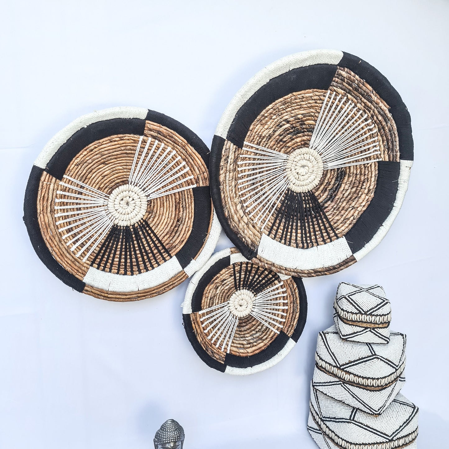 Wall decor basket 30 40 50cm | wall decoration banana leaf white + black macrame boho wicker organic decor wall plates installation hangings