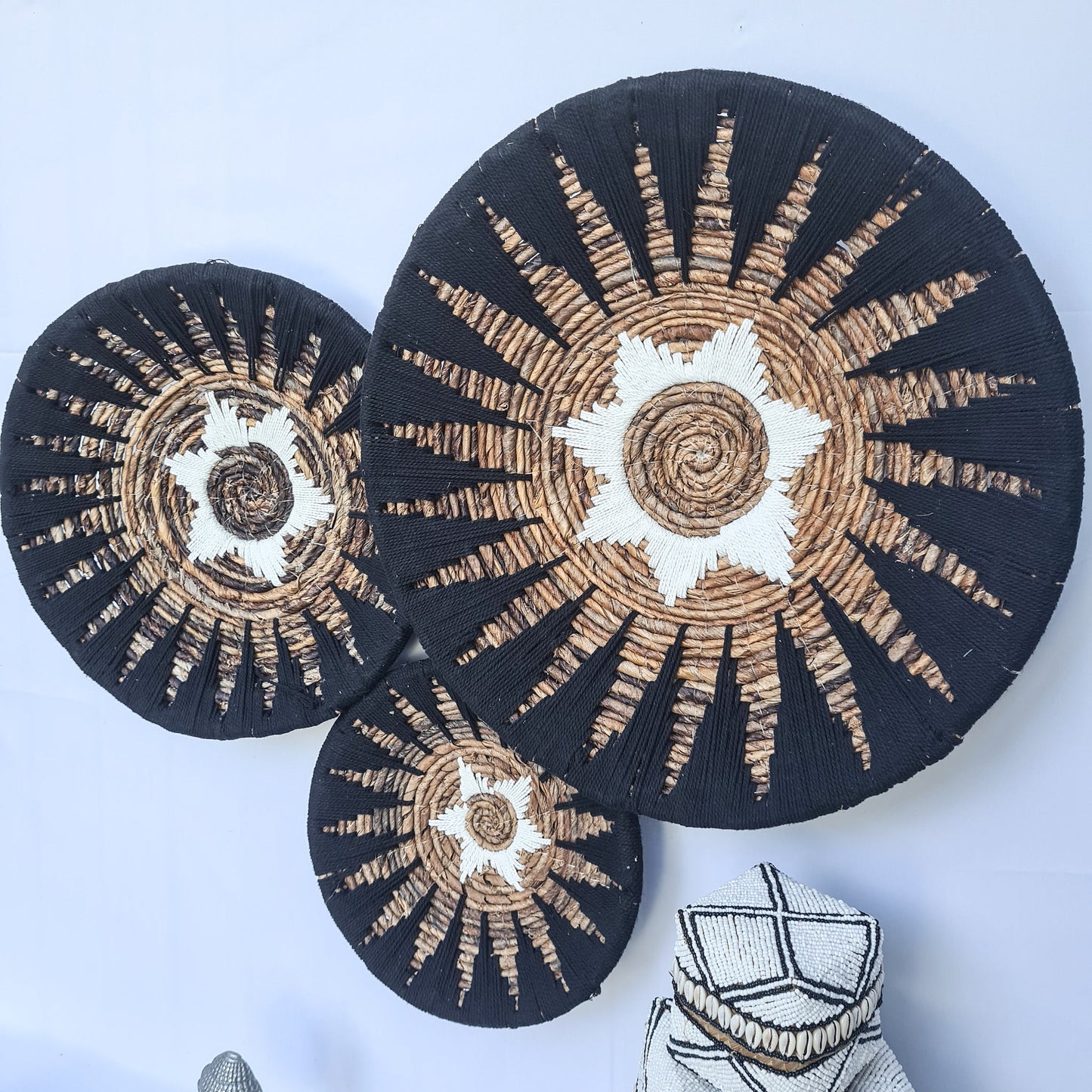 Wall decor basket 30 40 50cm white + black macrame | boho wicker banana leaf wall decoration organic decor wall plates installation hangings