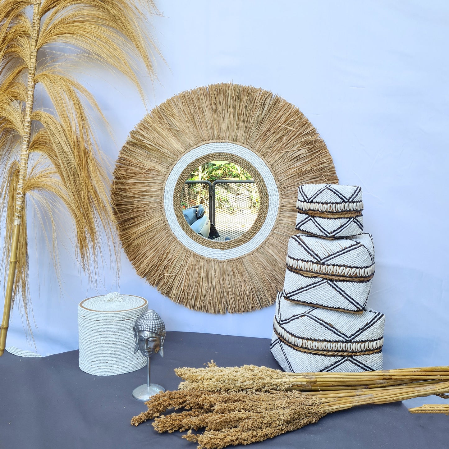 Boho mirror 60cm white beads palm leaf and agel bohemian wall mirror wall hangings juju hat tropical decoration eco mirror