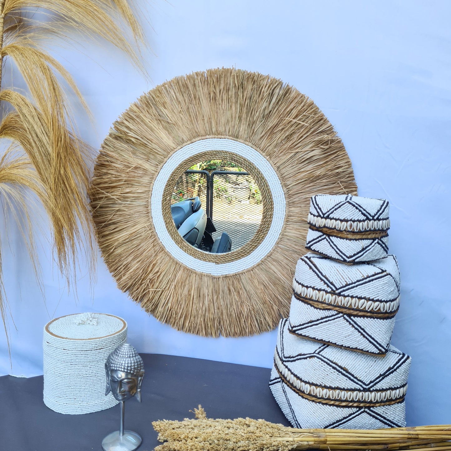 Boho mirror 60cm white beads palm leaf and agel bohemian wall mirror wall hangings juju hat tropical decoration eco mirror