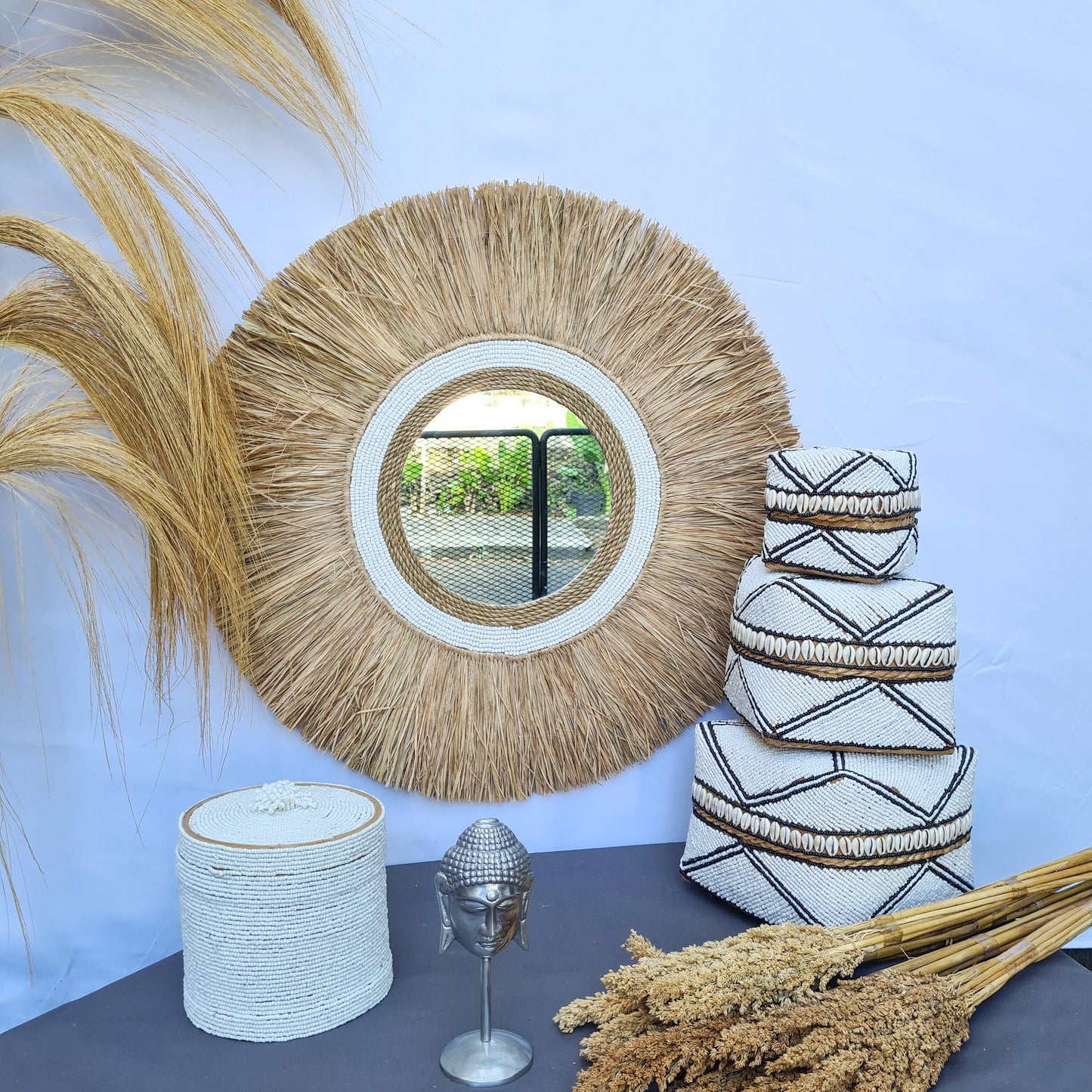 Boho mirror 60cm white beads palm leaf and agel bohemian wall mirror wall hangings juju hat tropical decoration eco mirror