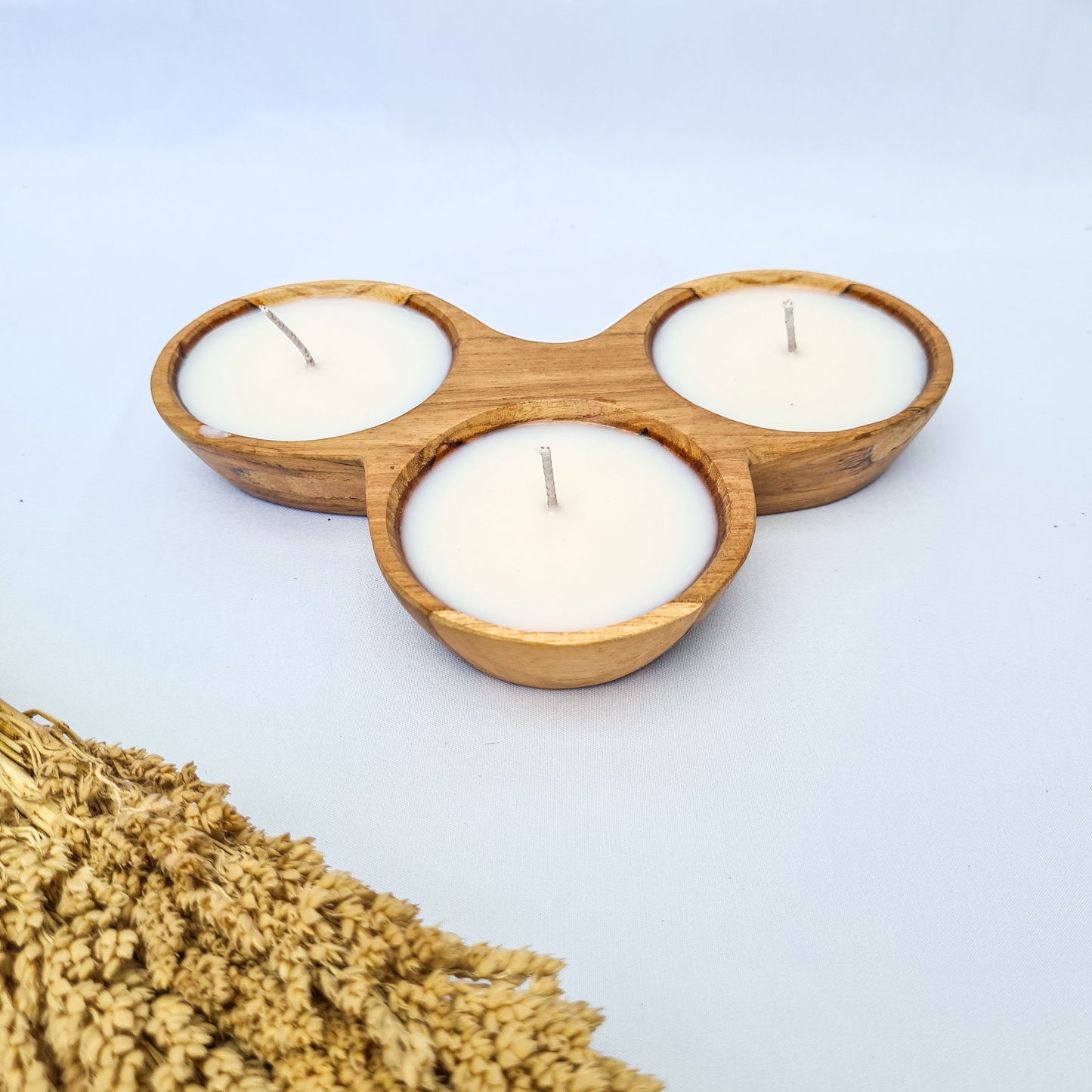 Teak wood shell candle Trio | aroma aromatherapy candles hand made eco wax soy coconut palm organic