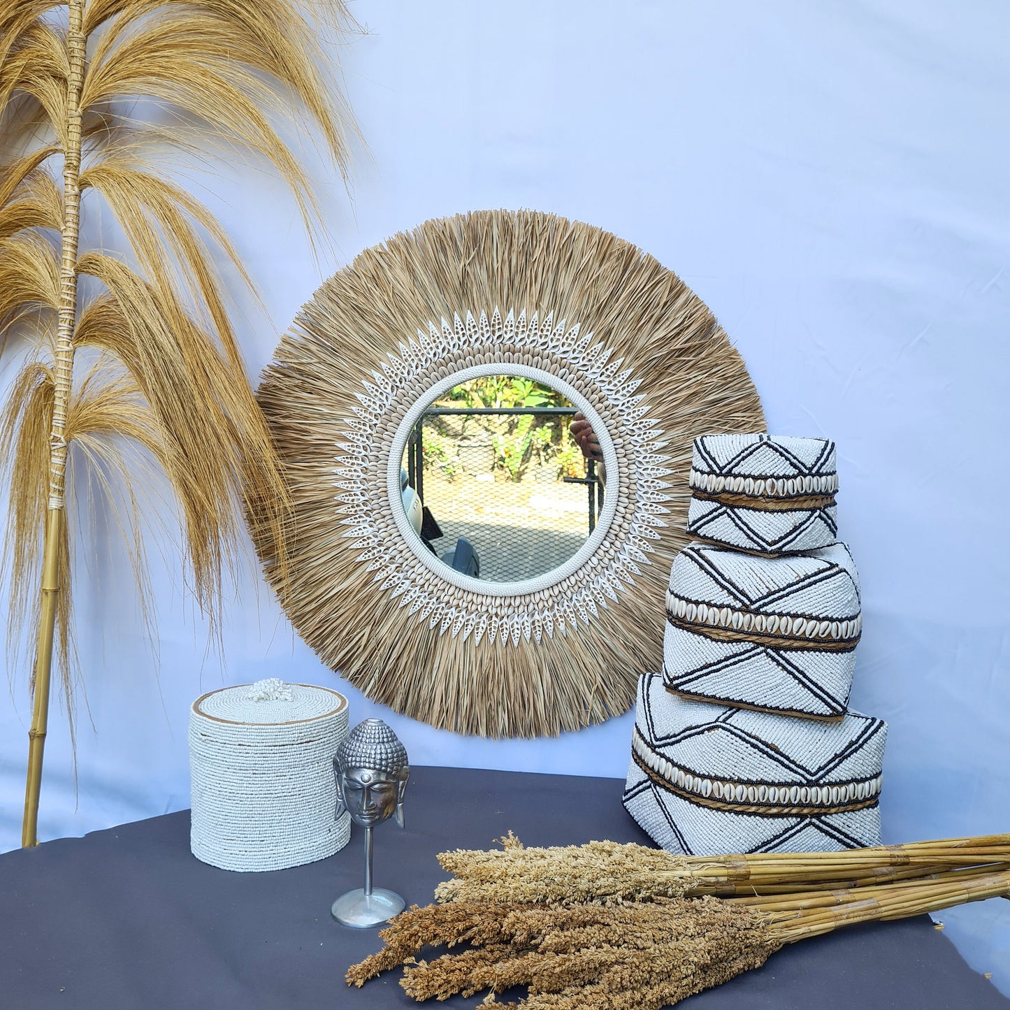 Boho mirror 70cm bohemian wall mirror palm leaf and shells wall hangings juju hat tropical decoration eco mirror tropic style