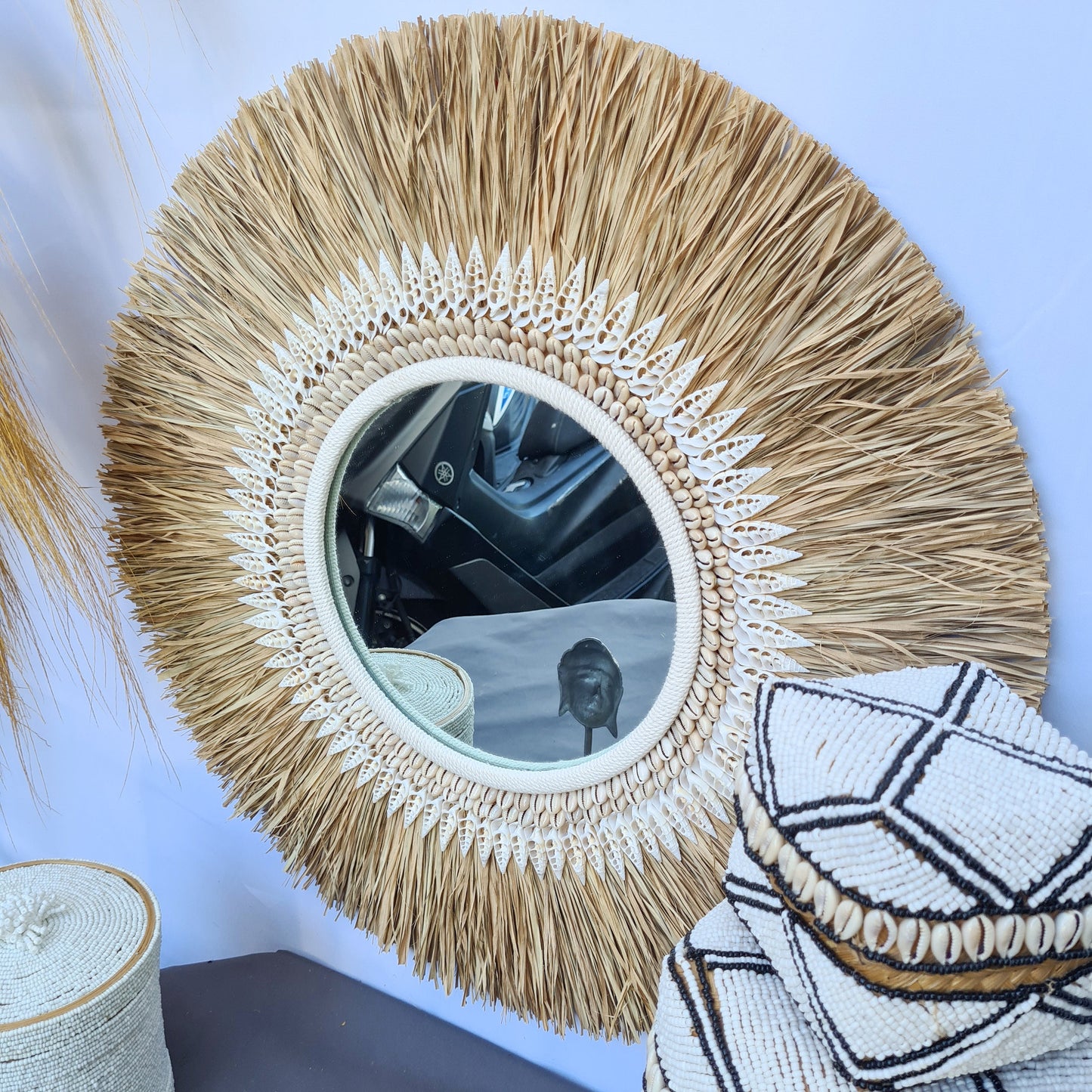 Boho mirror 70cm bohemian wall mirror palm leaf and shells wall hangings juju hat tropical decoration eco mirror tropic style