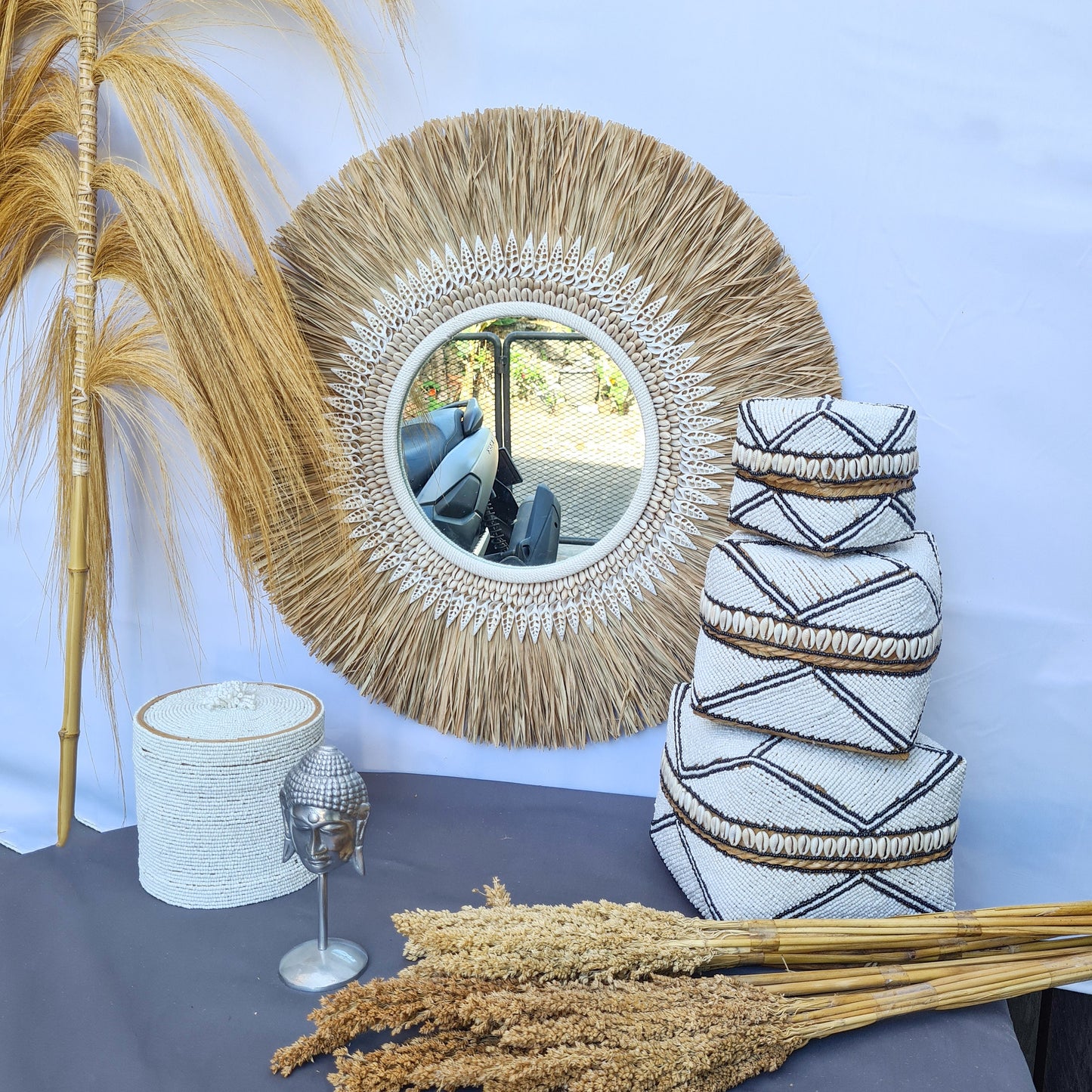Boho mirror 70cm bohemian wall mirror palm leaf and shells wall hangings juju hat tropical decoration eco mirror tropic style