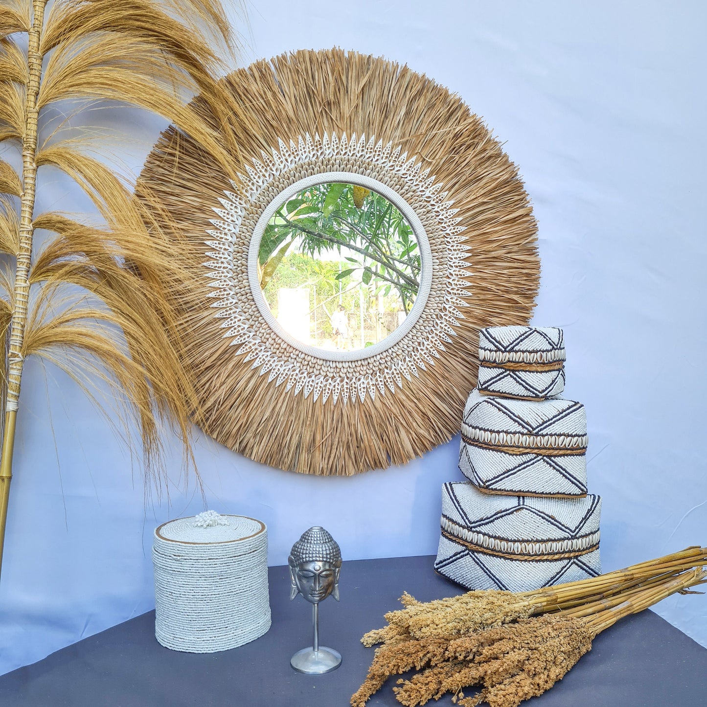 Boho mirror 60cm bohemian wall mirror palm leaf and shells wall hangings juju hat tropical decoration eco mirror tropic style