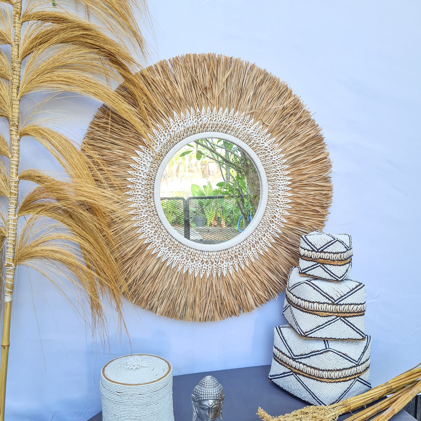 Boho mirror 60cm bohemian wall mirror palm leaf and shells wall hangings juju hat tropical decoration eco mirror tropic style