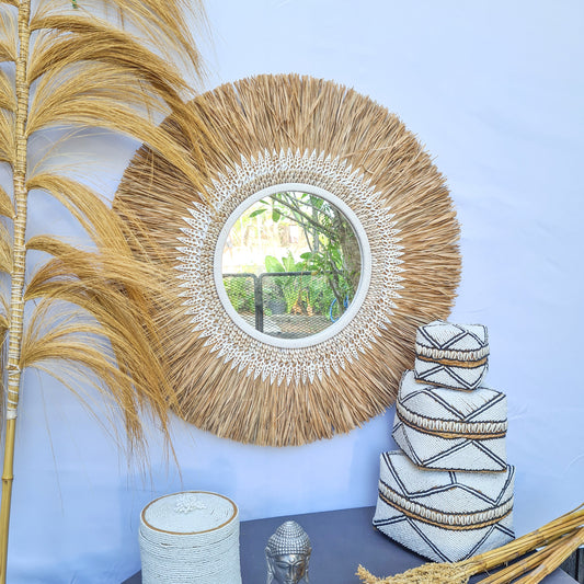 Boho mirror 60cm bohemian wall mirror palm leaf and shells wall hangings juju hat tropical decoration eco mirror tropic style