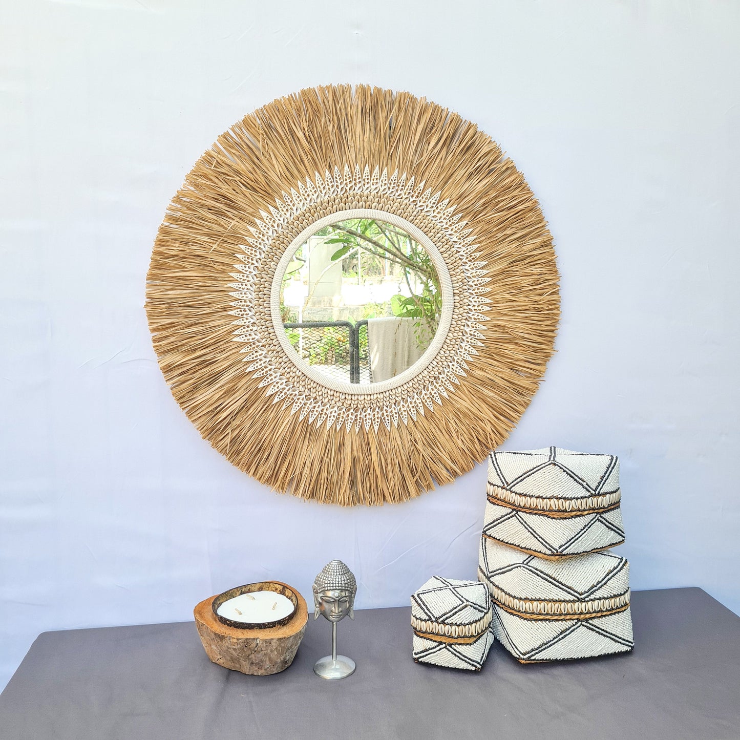 Tropical mirror 70cm boho decoration made from palm shells bohemian mirror wall decor wall hangings rafia decor