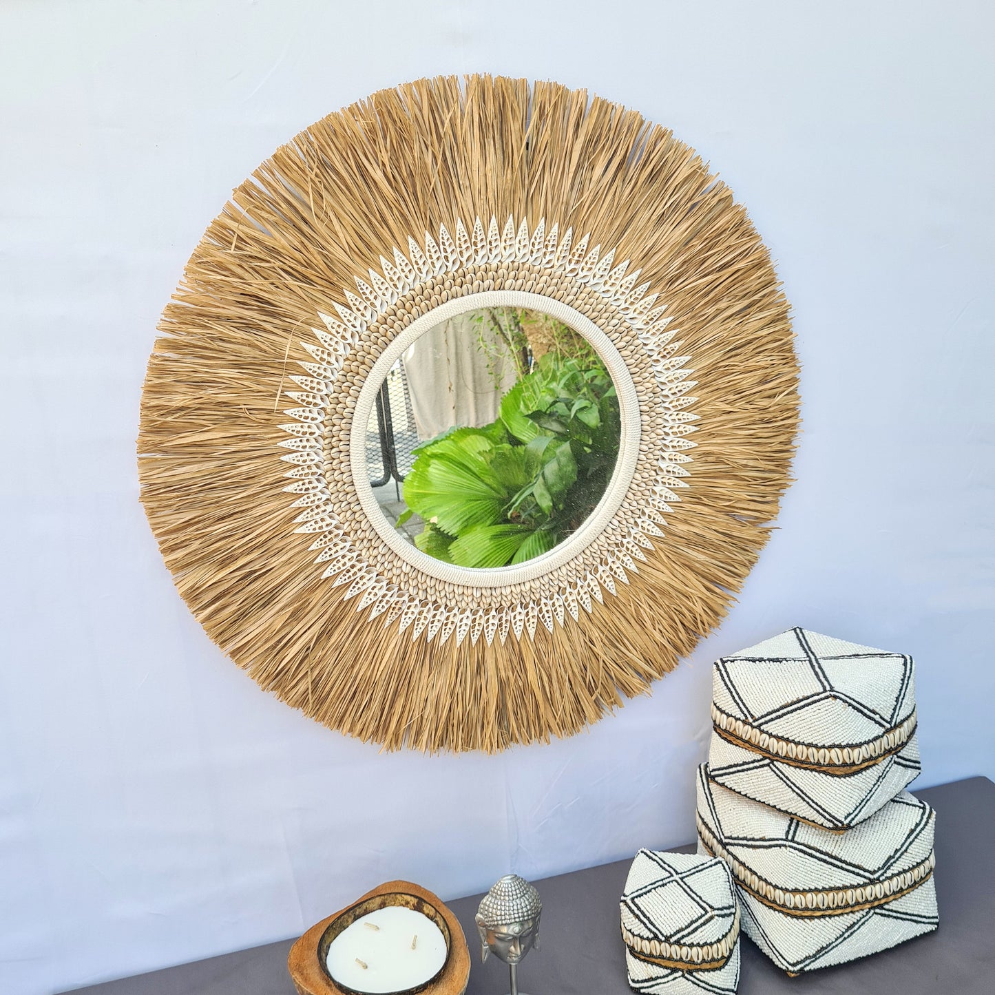 Tropical mirror 70cm boho decoration made from palm shells bohemian mirror wall decor wall hangings rafia decor