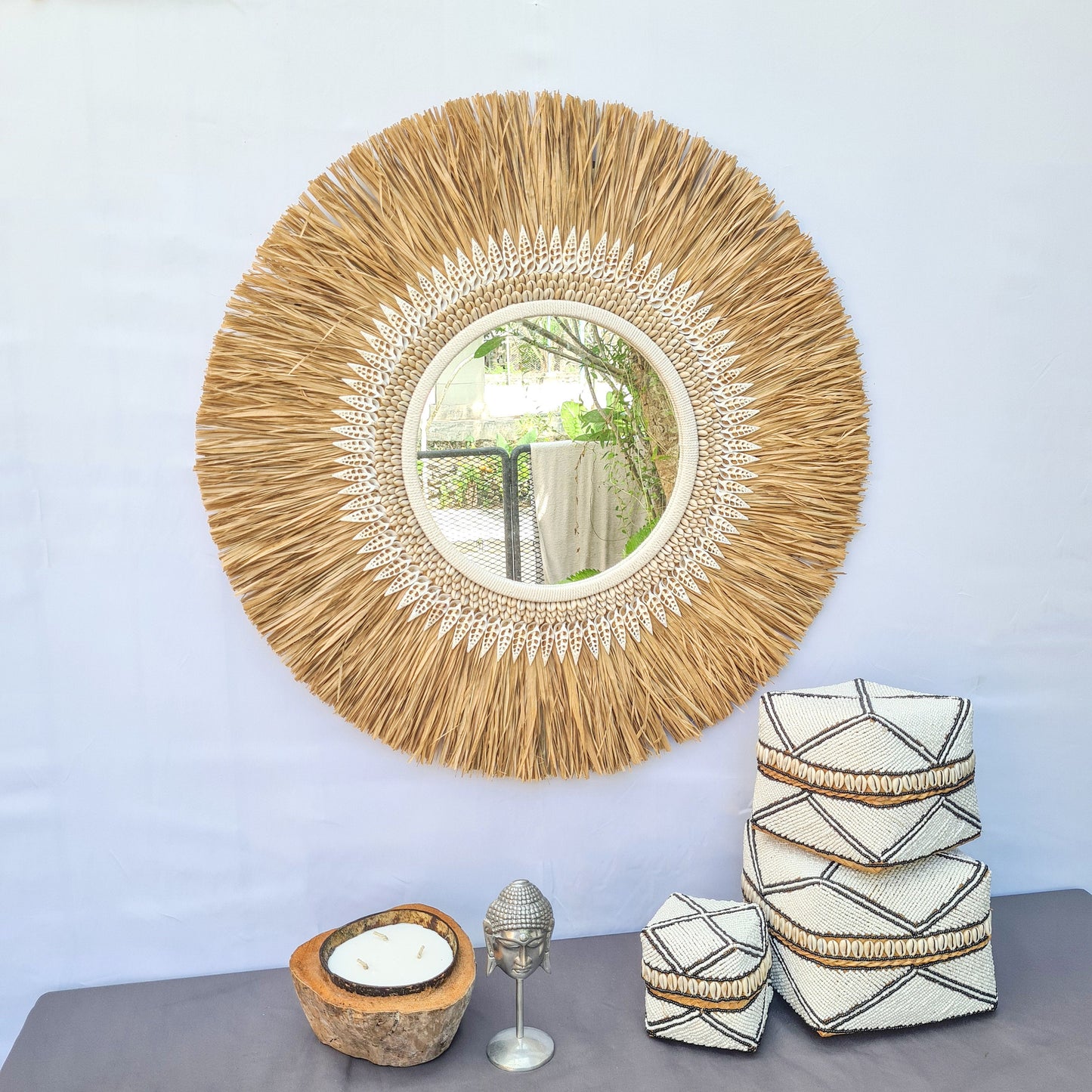 Tropical mirror 70cm boho decoration made from palm shells bohemian mirror wall decor wall hangings rafia decor