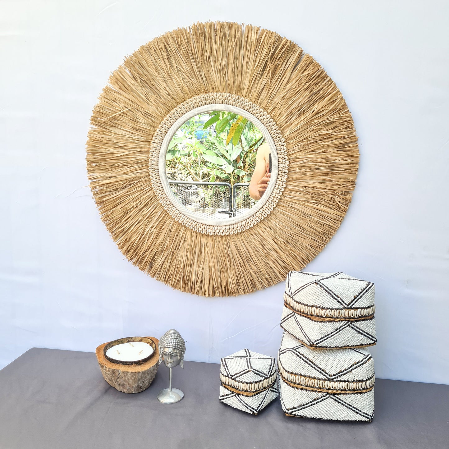 Tropical mirror 70cm boho decoration made from palm and shells bohemian mirror wall decor wall hangings feather decor