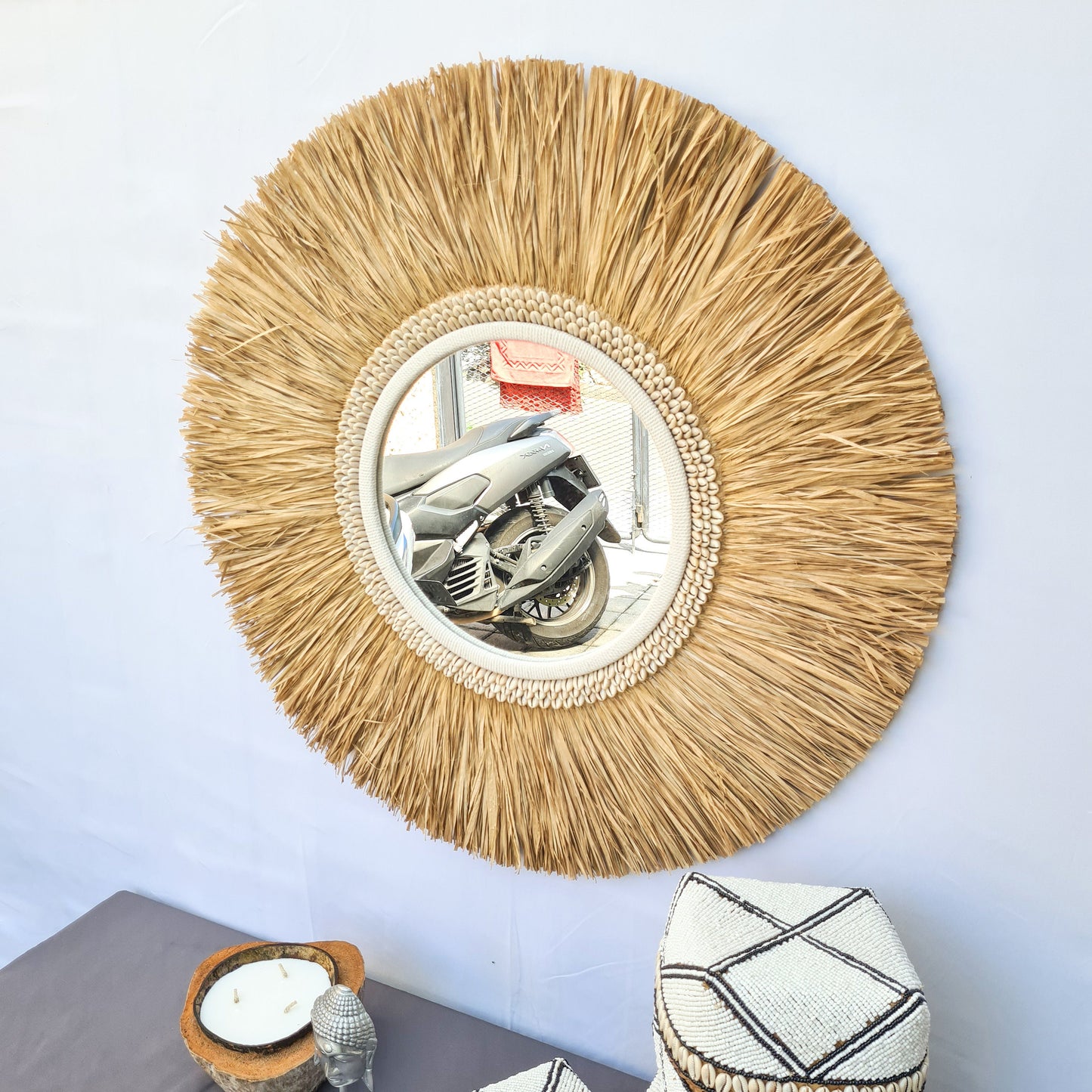 Tropical mirror 70cm boho decoration made from palm and shells bohemian mirror wall decor wall hangings feather decor