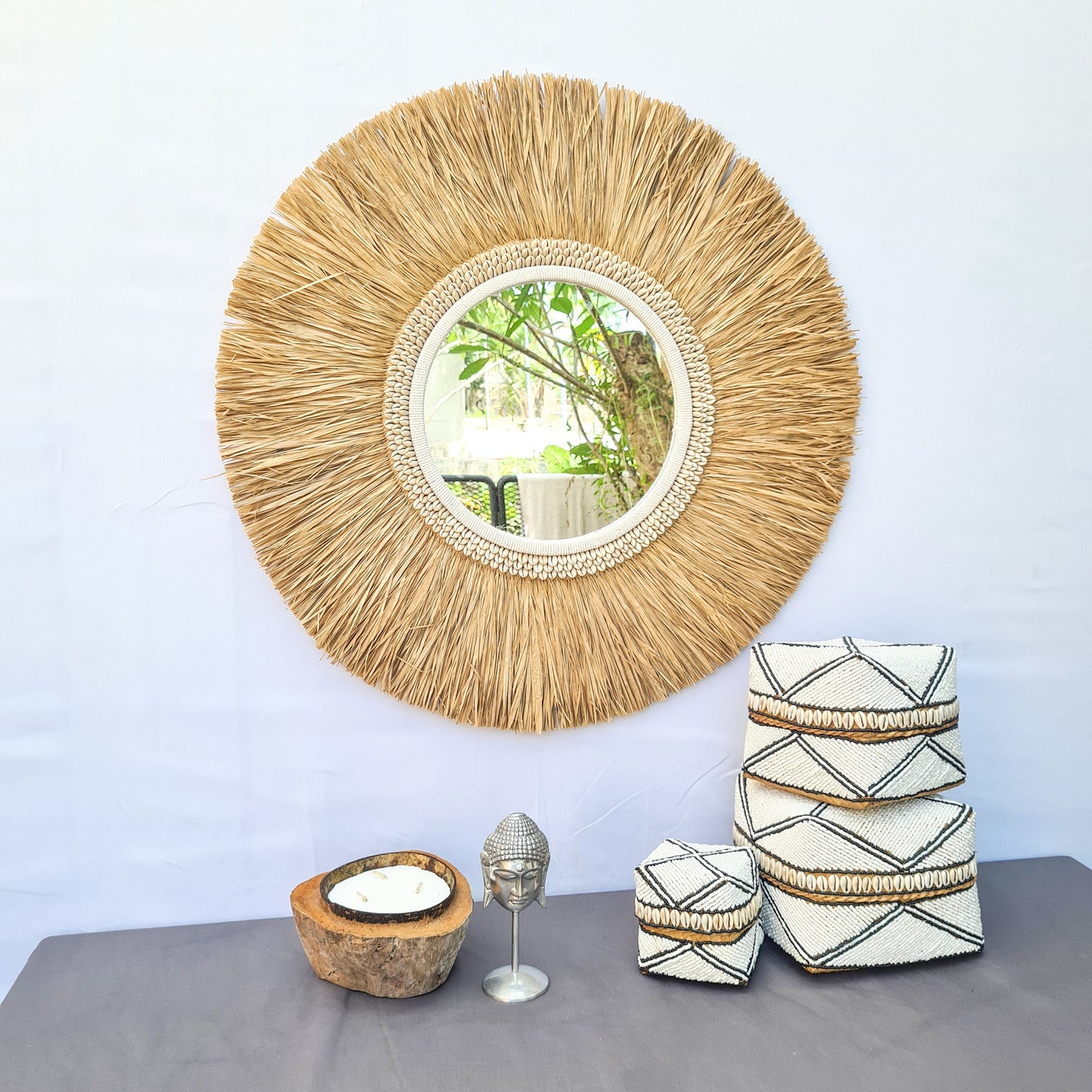 Tropical mirror 70cm boho decoration made from palm and shells bohemian mirror wall decor wall hangings feather decor