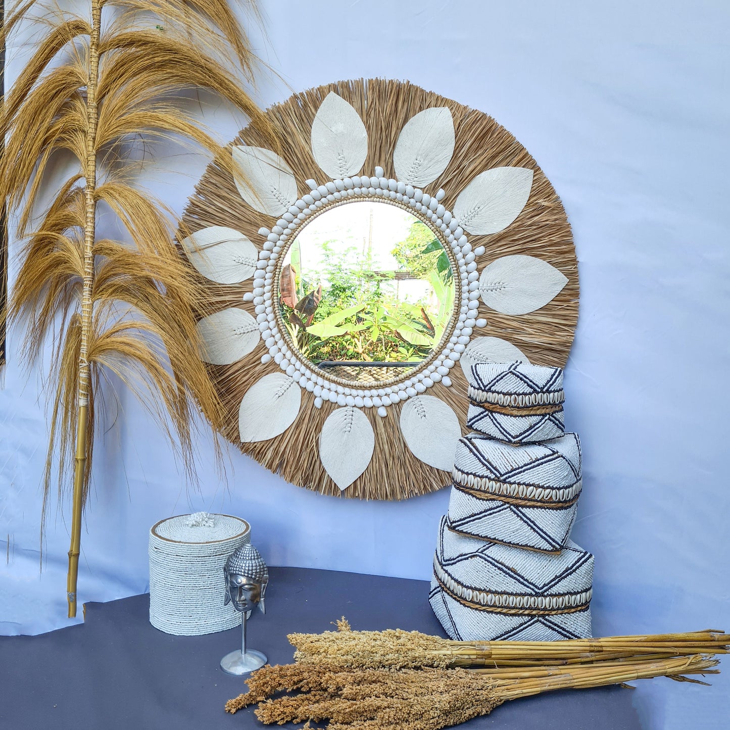 Boho mirror 60cm palm leaf macrame sea shells bohemian wall mirror wall hangings juju hat tropical decoration eco mirror