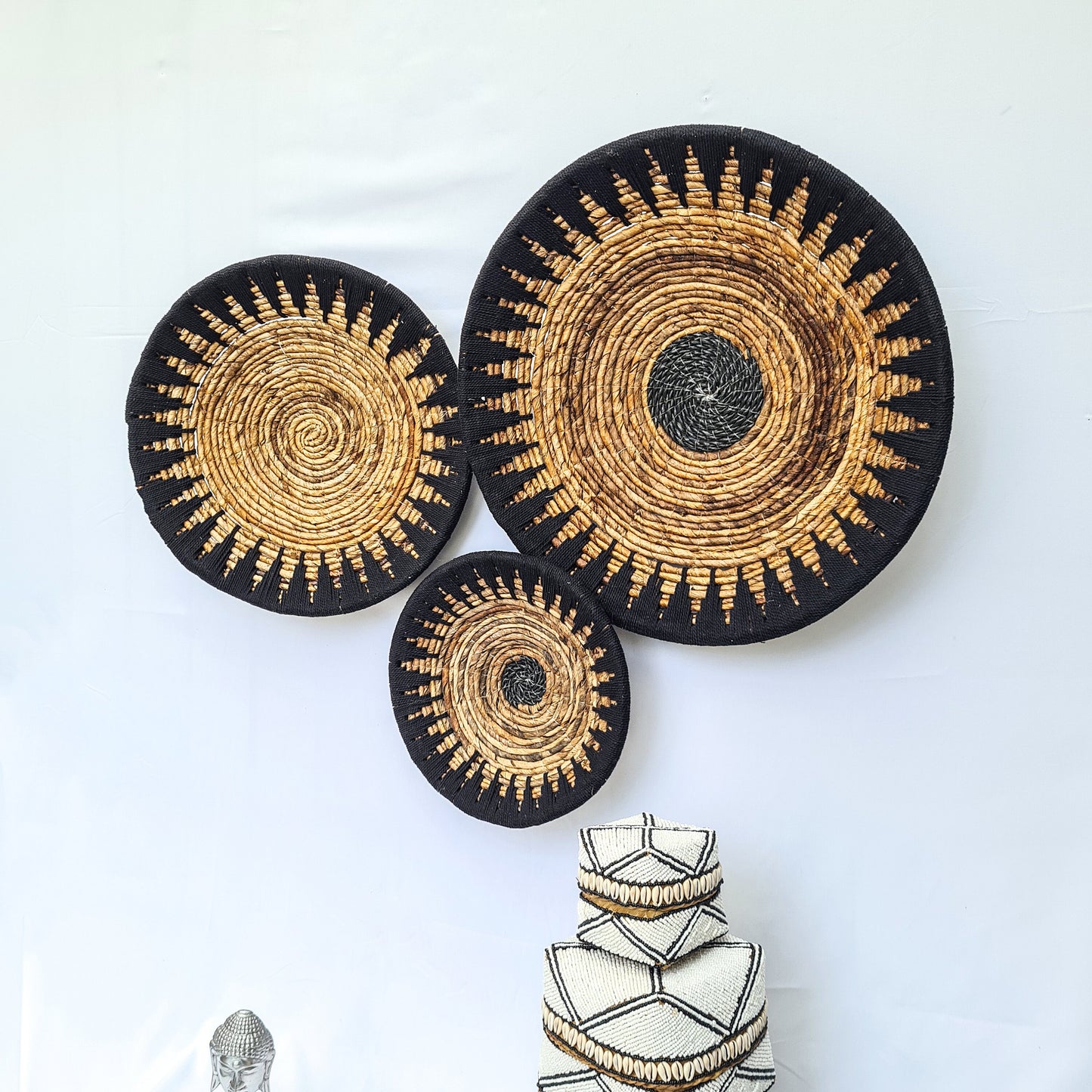 Wall decor basket 30 40 50cm black macrame | wall decoration hangings wall plates installation boho wicker banana leaf organic decor