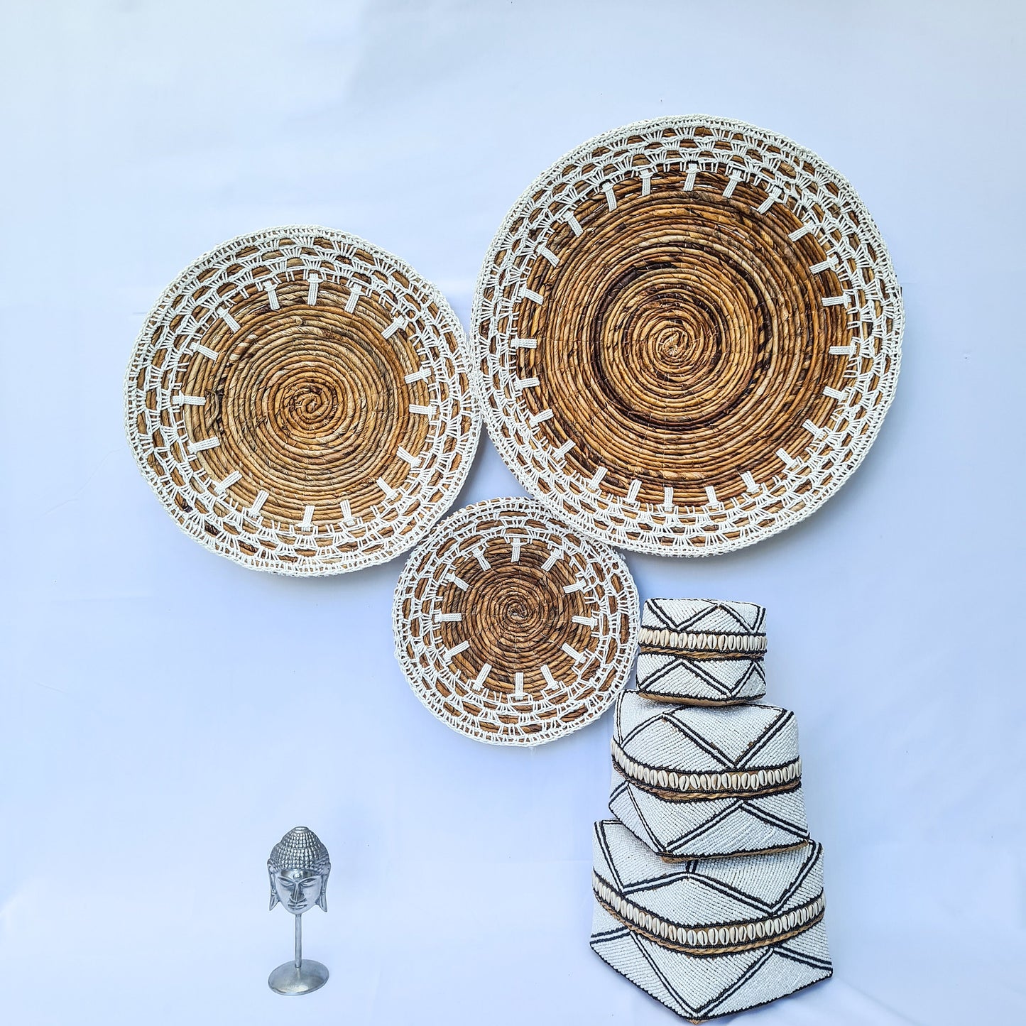 Wall decor basket 30 40 50cm white macrame | wall decoration wall plates installation hangings boho wicker banana leaf organic eco decor