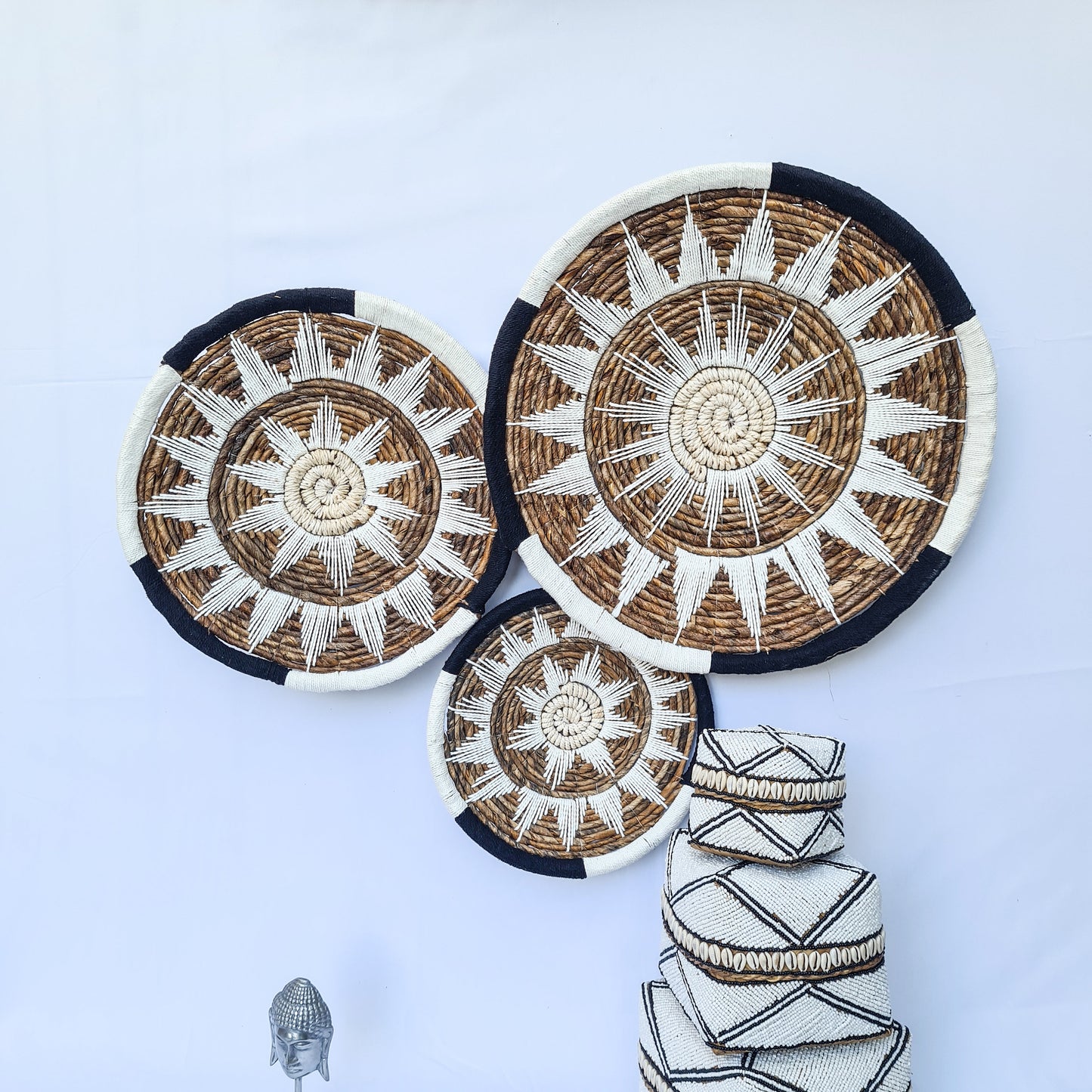 Wall decor basket 30 40 50cm white black macrame | eco decor wall decoration plates installation hangings boho wicker banana leaf organic