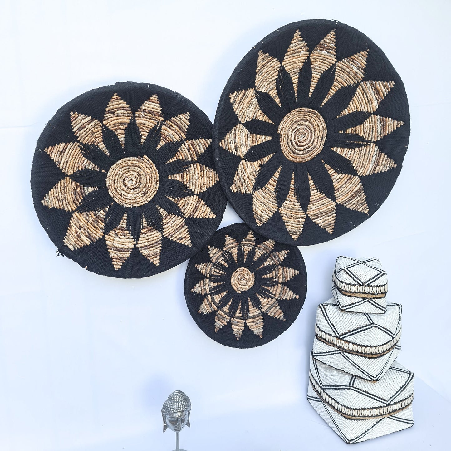 Wall decor basket Set 30 40 50cm banana tree leaf + macrame | wall decoration plates installation hangings boho wicker organic eco decor