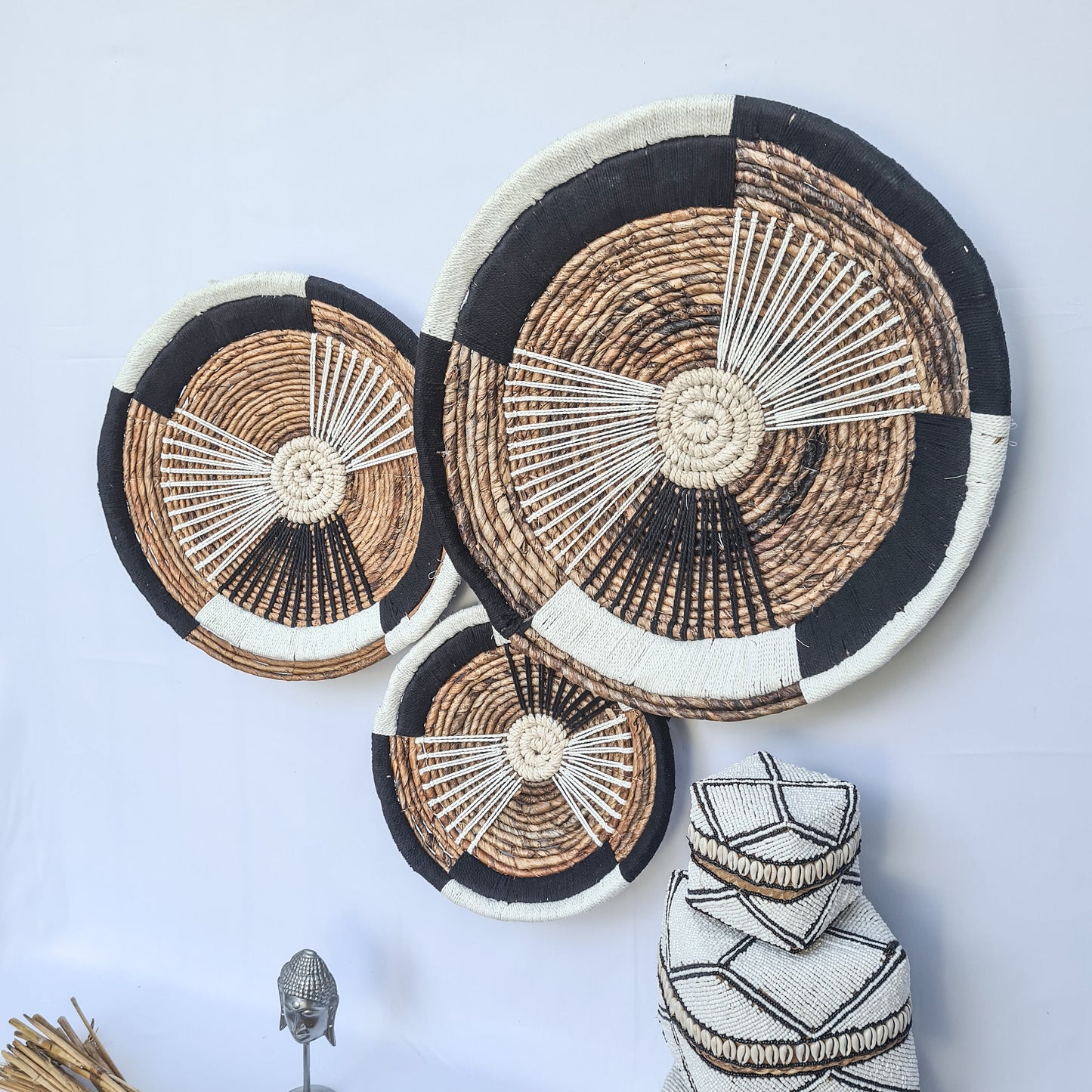 Wall decor basket Set 30 40 50cm banana tree leaf + macrame | wall decoration plates installation hangings boho wicker organic eco decor